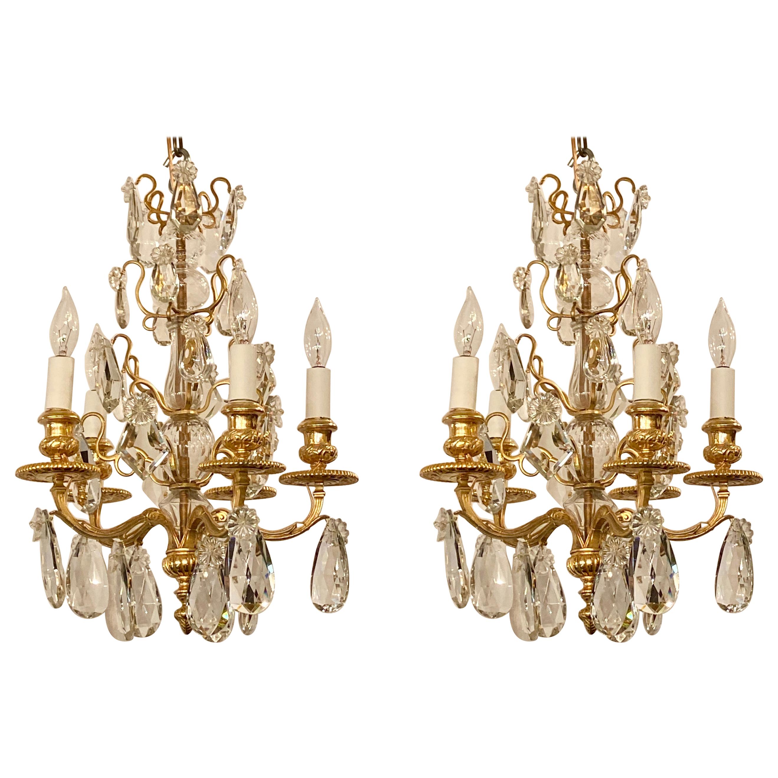 Pair Antique French Bronze D'ore and Crystal Chandeliers, Circa 1890-1900