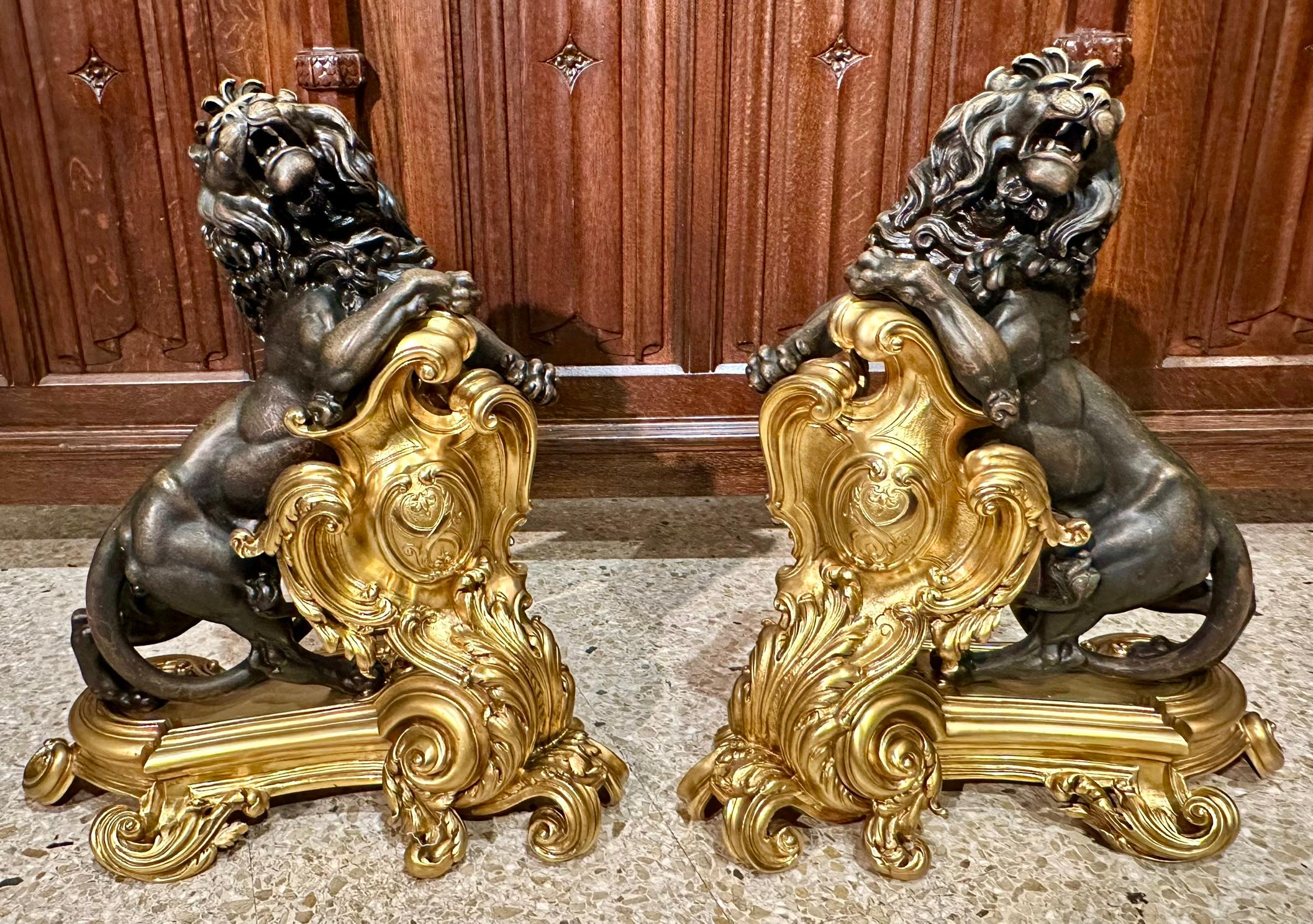 Magnificent Pair of Antique French Bronze D'Oré and Patinated Bronze Lion Chenets, Circa 1880's.