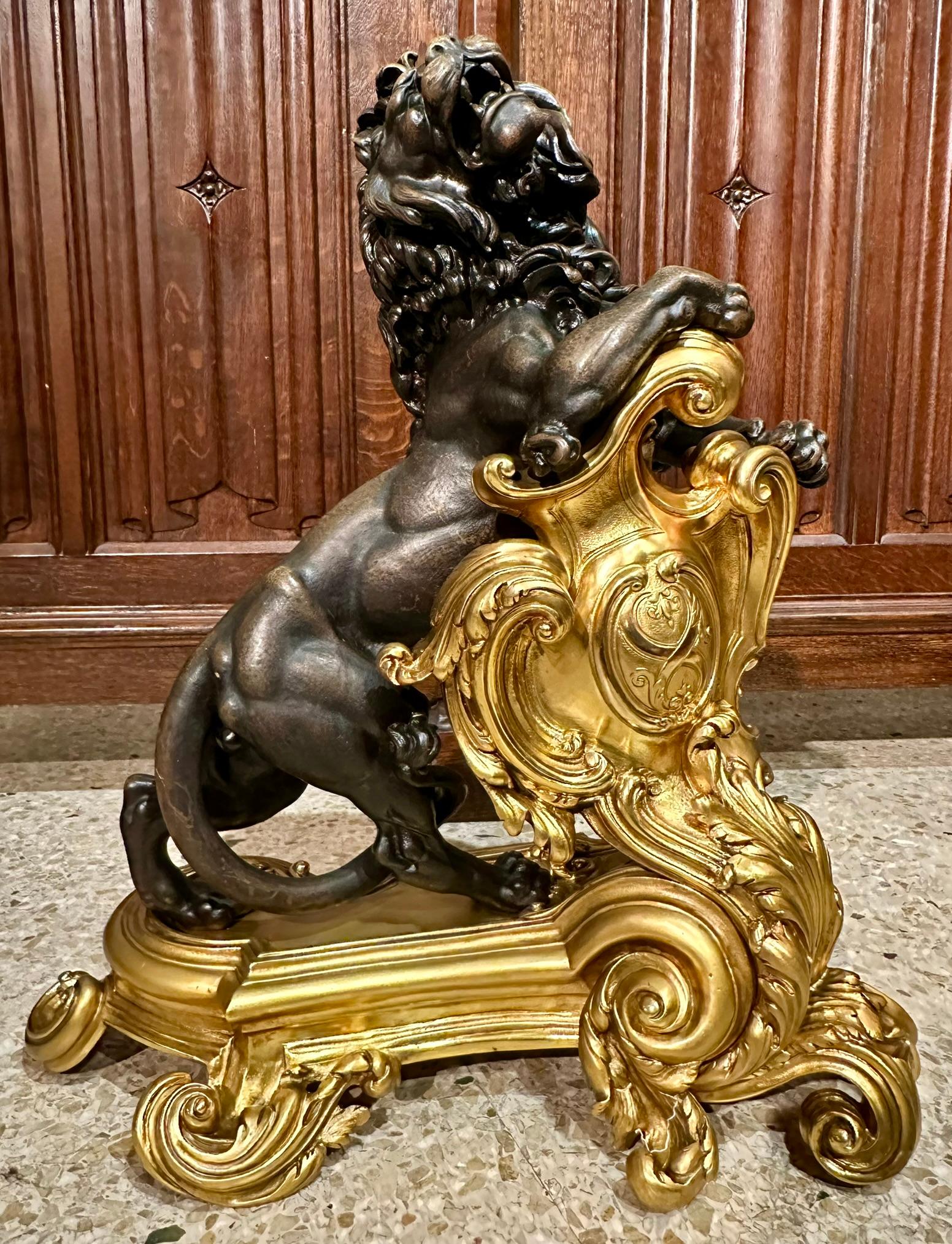 Pair Antique French Bronze D'Oré and Patinated Bronze Lion Chenets, Circa 1880's In Good Condition In New Orleans, LA