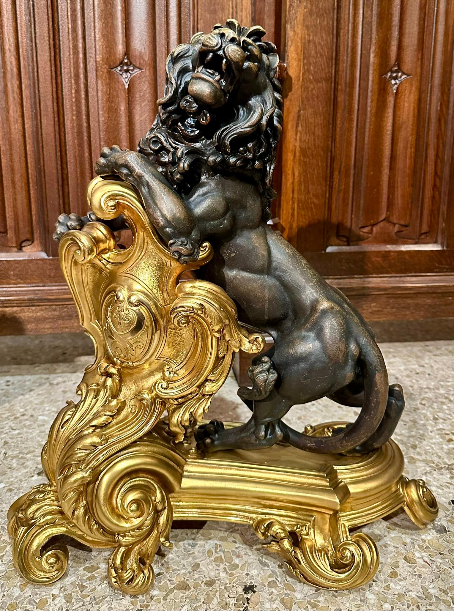 19th Century Pair Antique French Bronze D'Oré and Patinated Bronze Lion Chenets, Circa 1880's