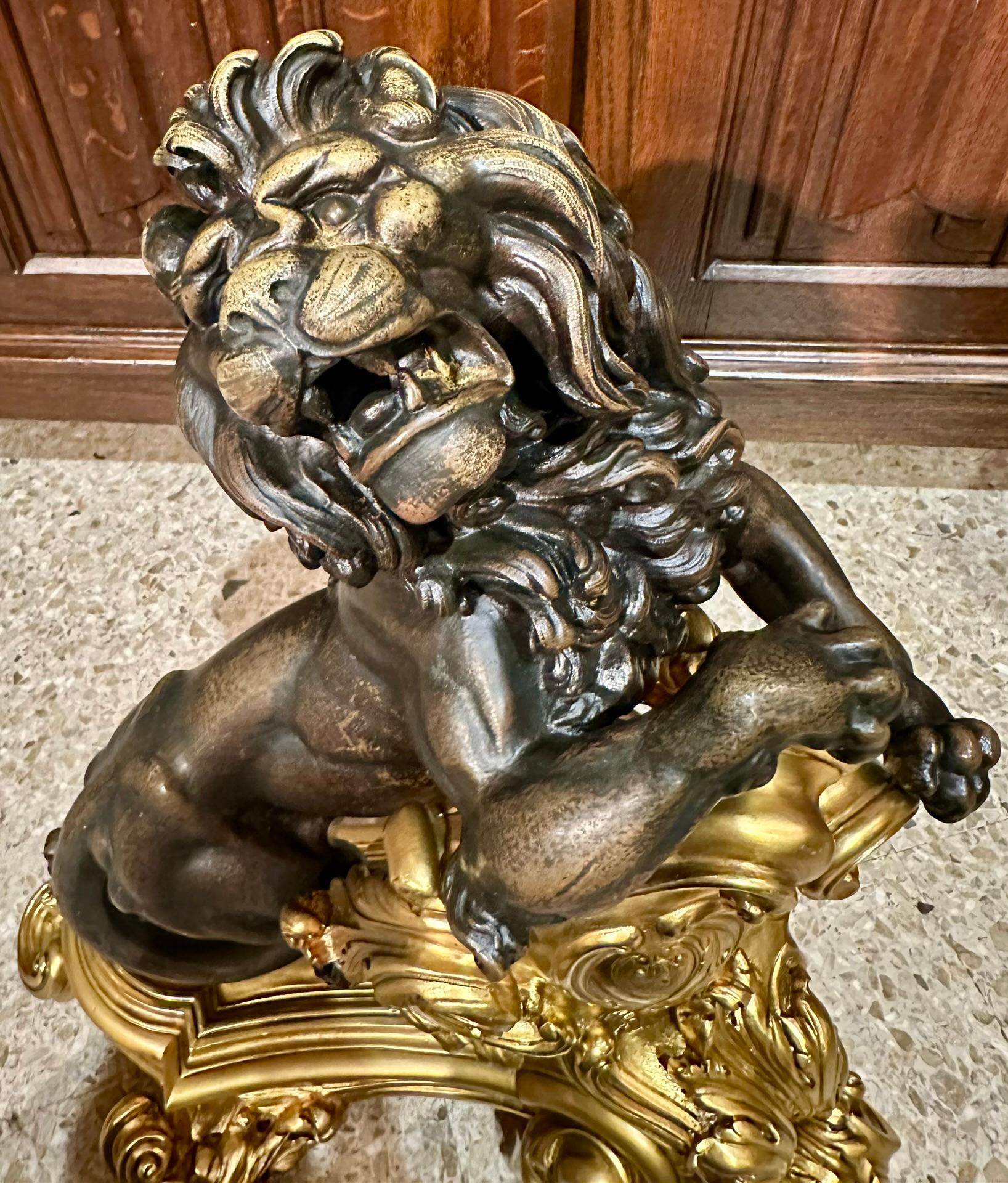 Pair Antique French Bronze D'Oré and Patinated Bronze Lion Chenets, Circa 1880's 1