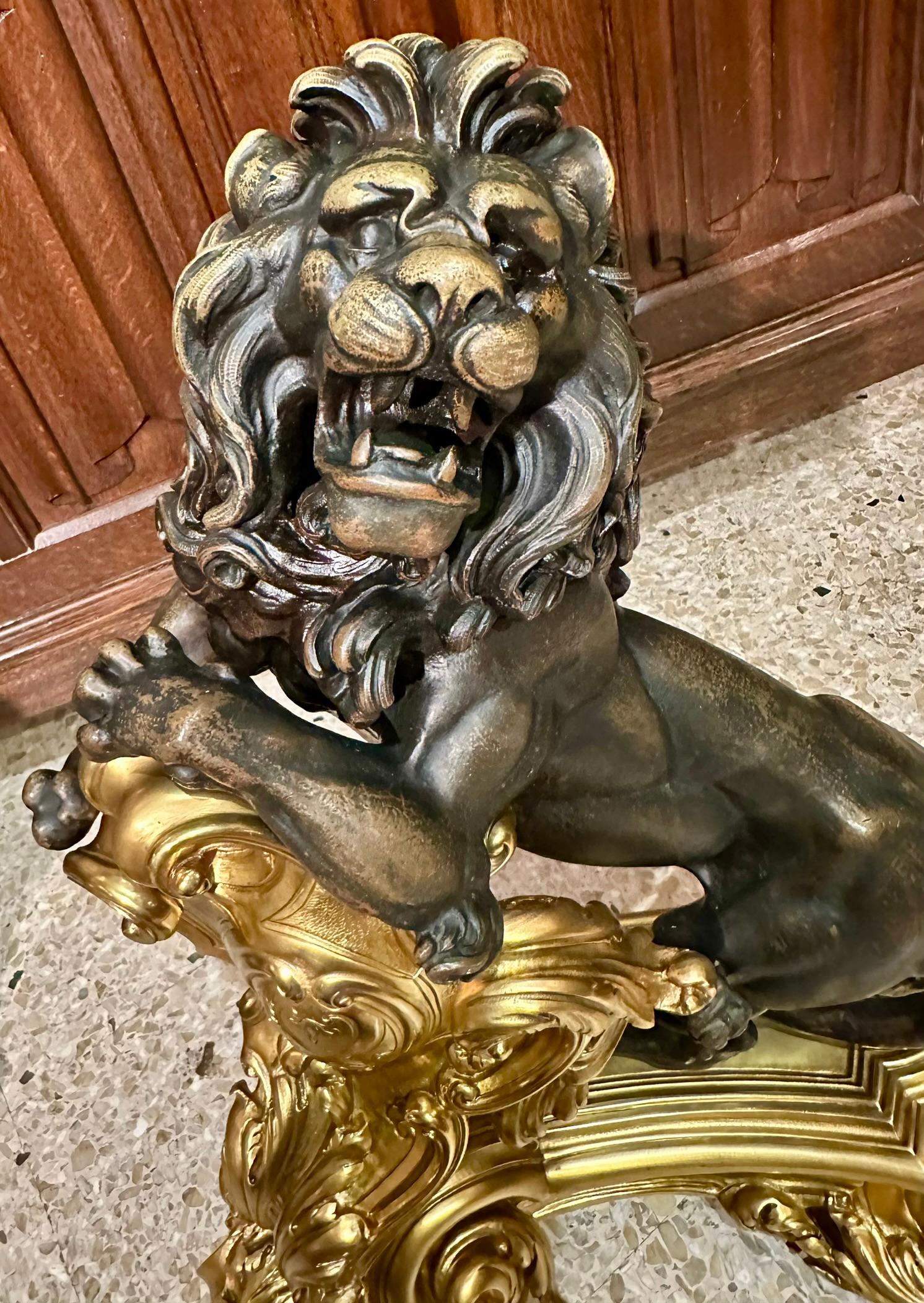Pair Antique French Bronze D'Oré and Patinated Bronze Lion Chenets, Circa 1880's 3