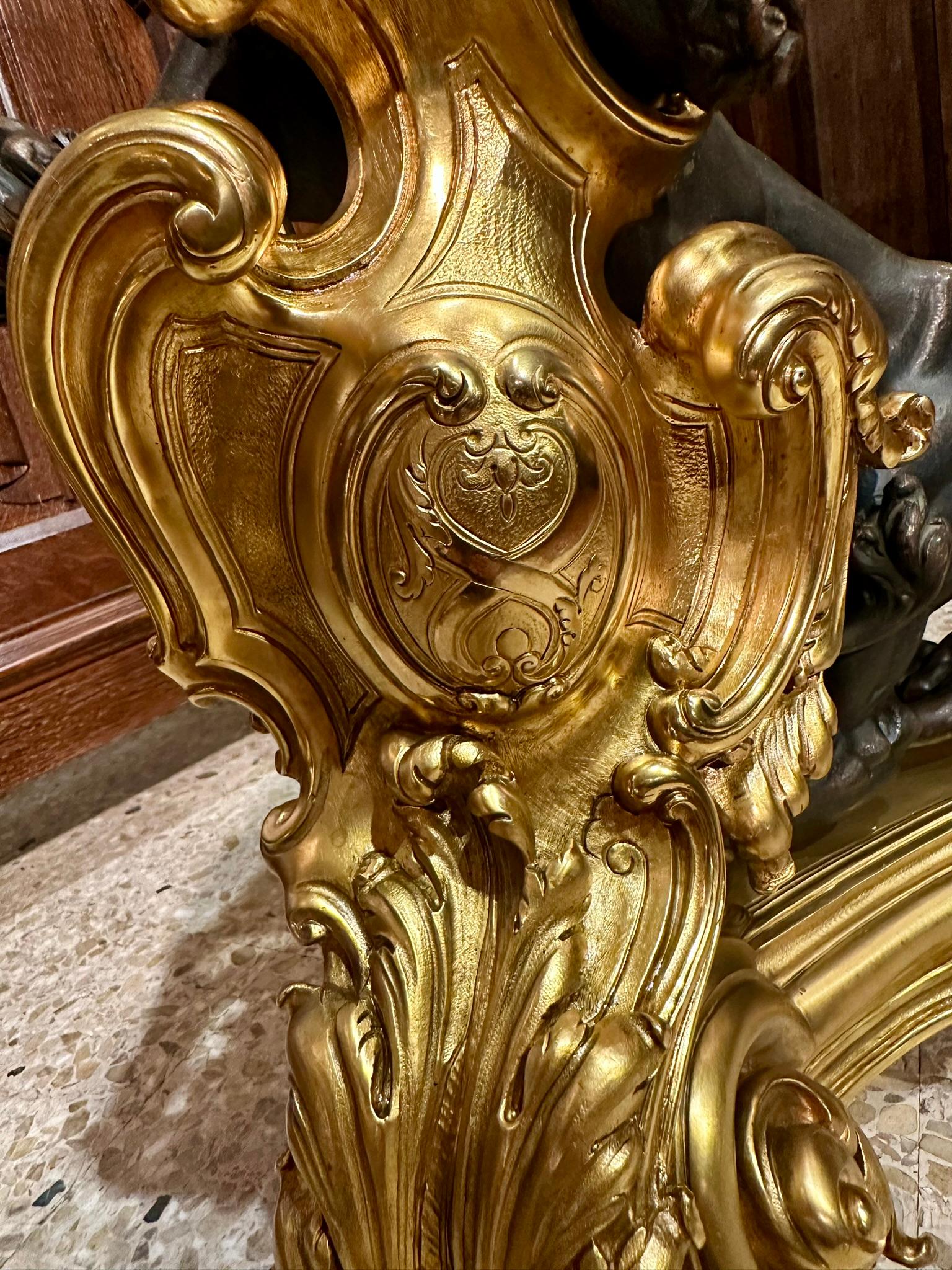 Pair Antique French Bronze D'Oré and Patinated Bronze Lion Chenets, Circa 1880's 4