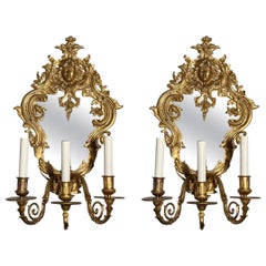 Pareja de Apliques Antiguos Franceses de Bronce D'ore Luis XIV circa 1900