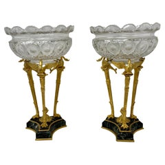 Pair Antique French Bronze D'ore Mounted Crystal Coupes on Marble Bases Ca. 1890