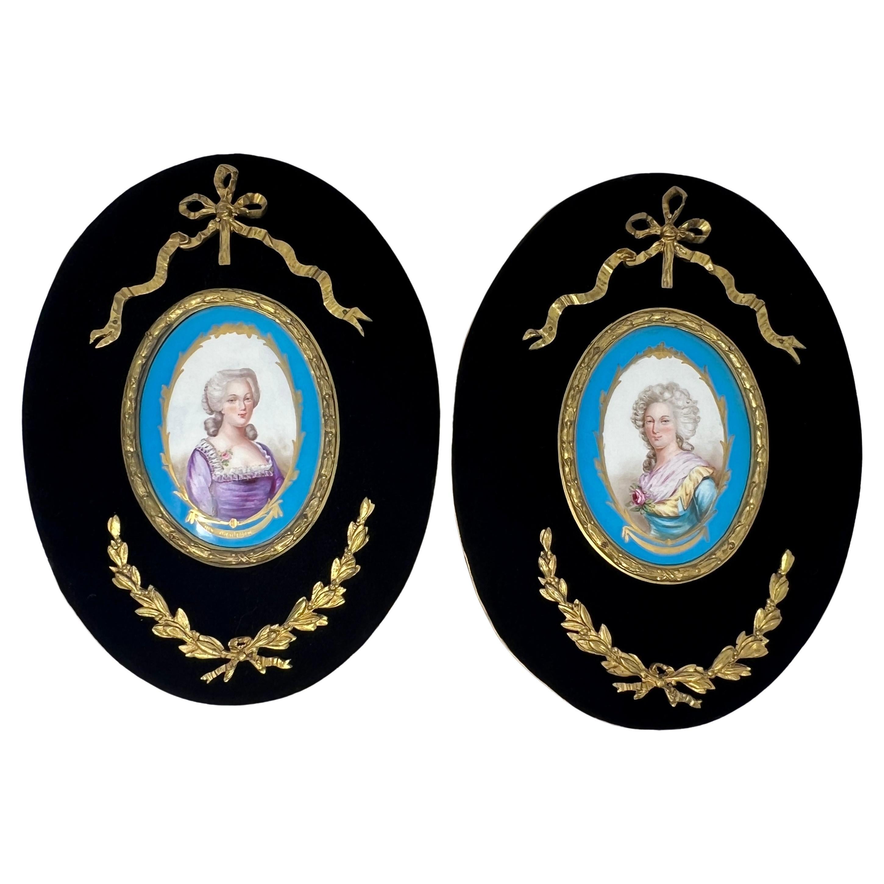 Pair Antique French Bronze D'Ore Mounted Sevres Porcelain Plaques, Circa 1880.