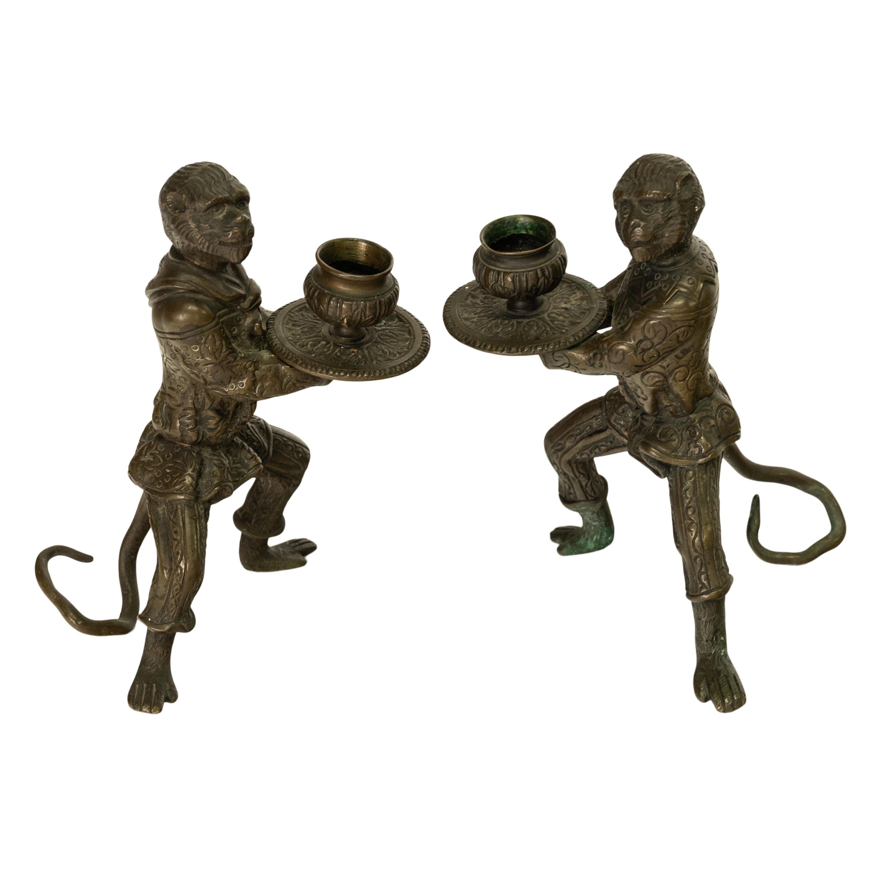 Belle Époque Pair Antique French Bronze Figural Monkey Statue Candleholders Candlesticks 1900 For Sale