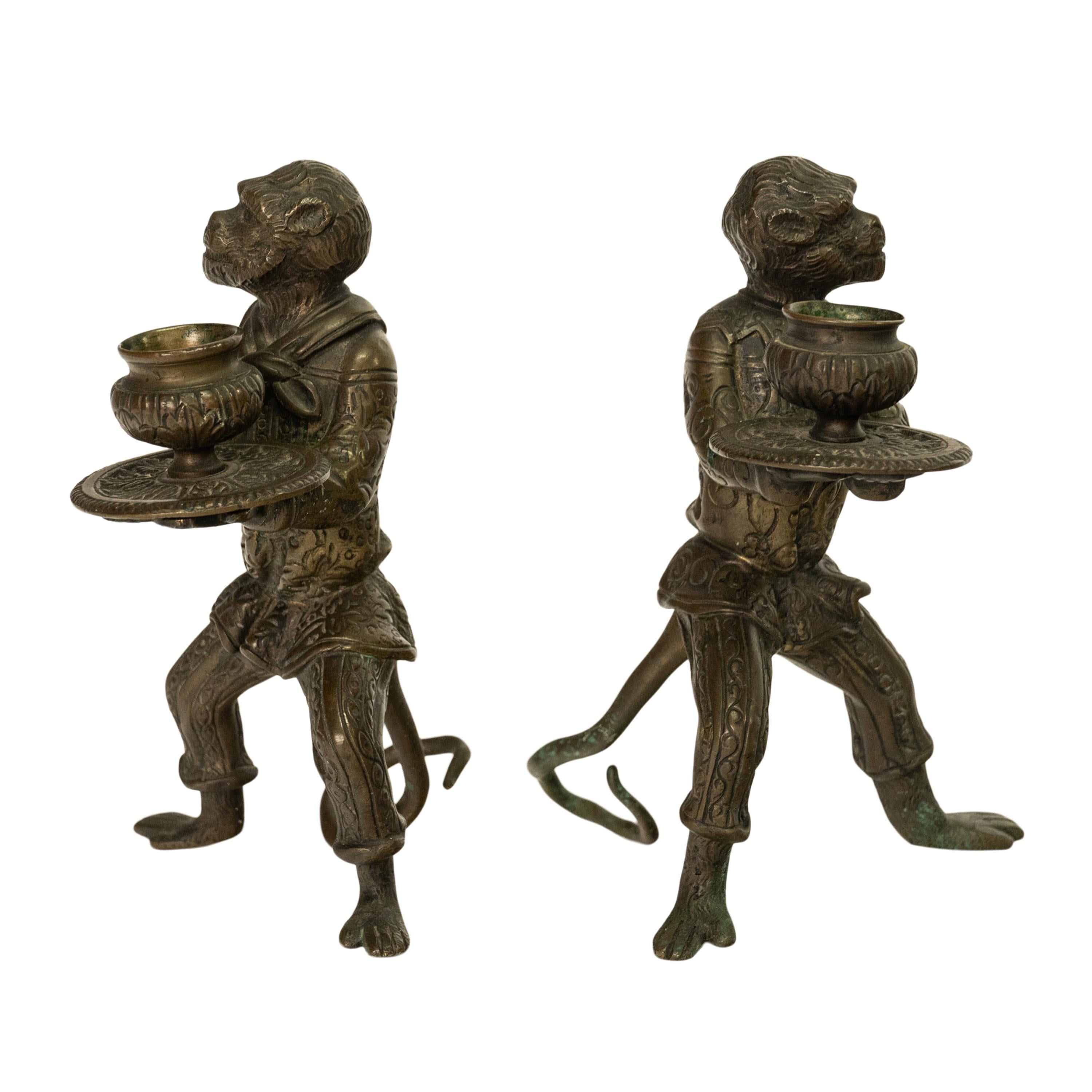 Cast Pair Antique French Bronze Figural Monkey Statue Candleholders Candlesticks 1900 For Sale