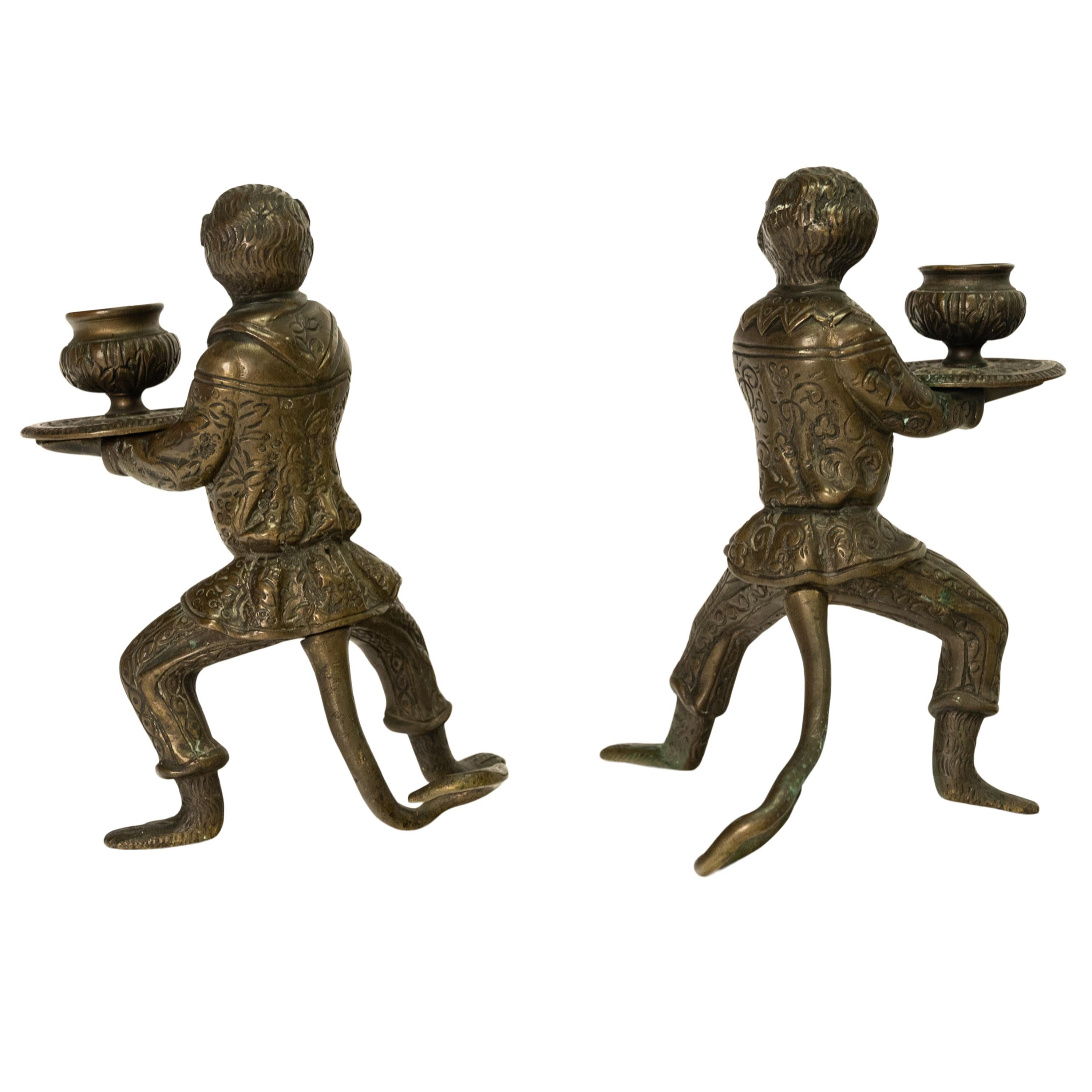 Pair Antique French Bronze Figural Monkey Statue Candleholders Candlesticks 1900 In Good Condition For Sale In Portland, OR