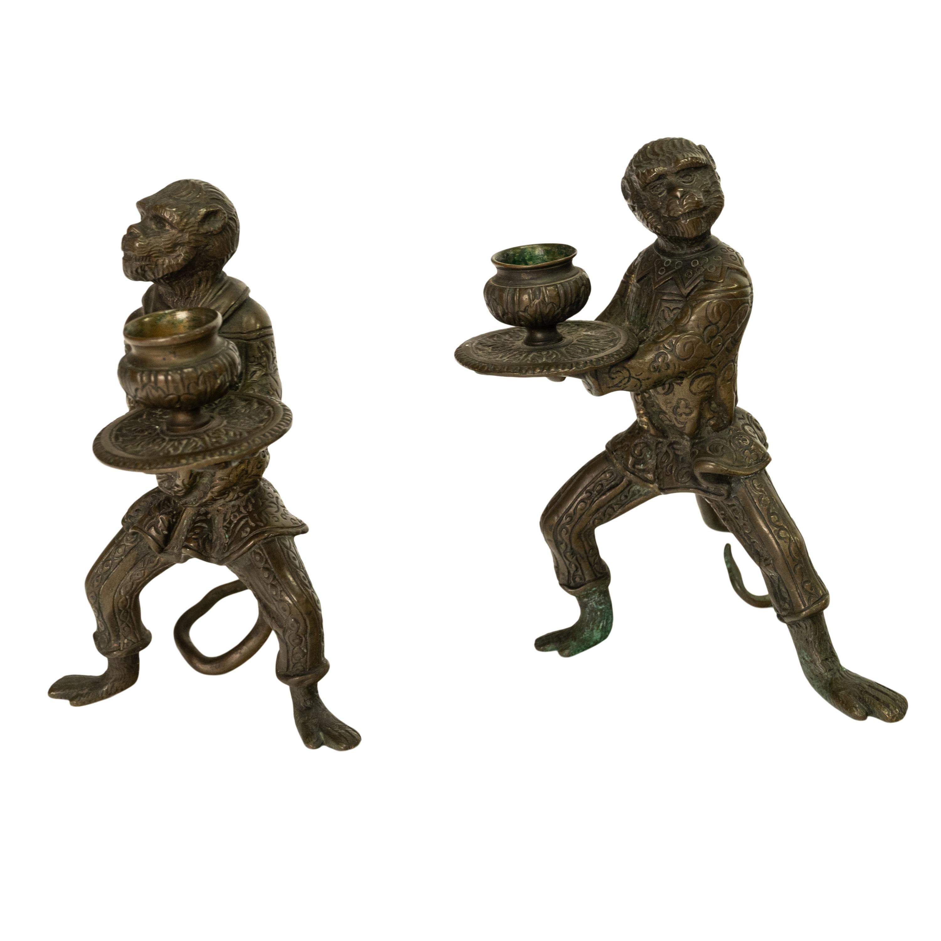 Early 20th Century Pair Antique French Bronze Figural Monkey Statue Candleholders Candlesticks 1900 For Sale