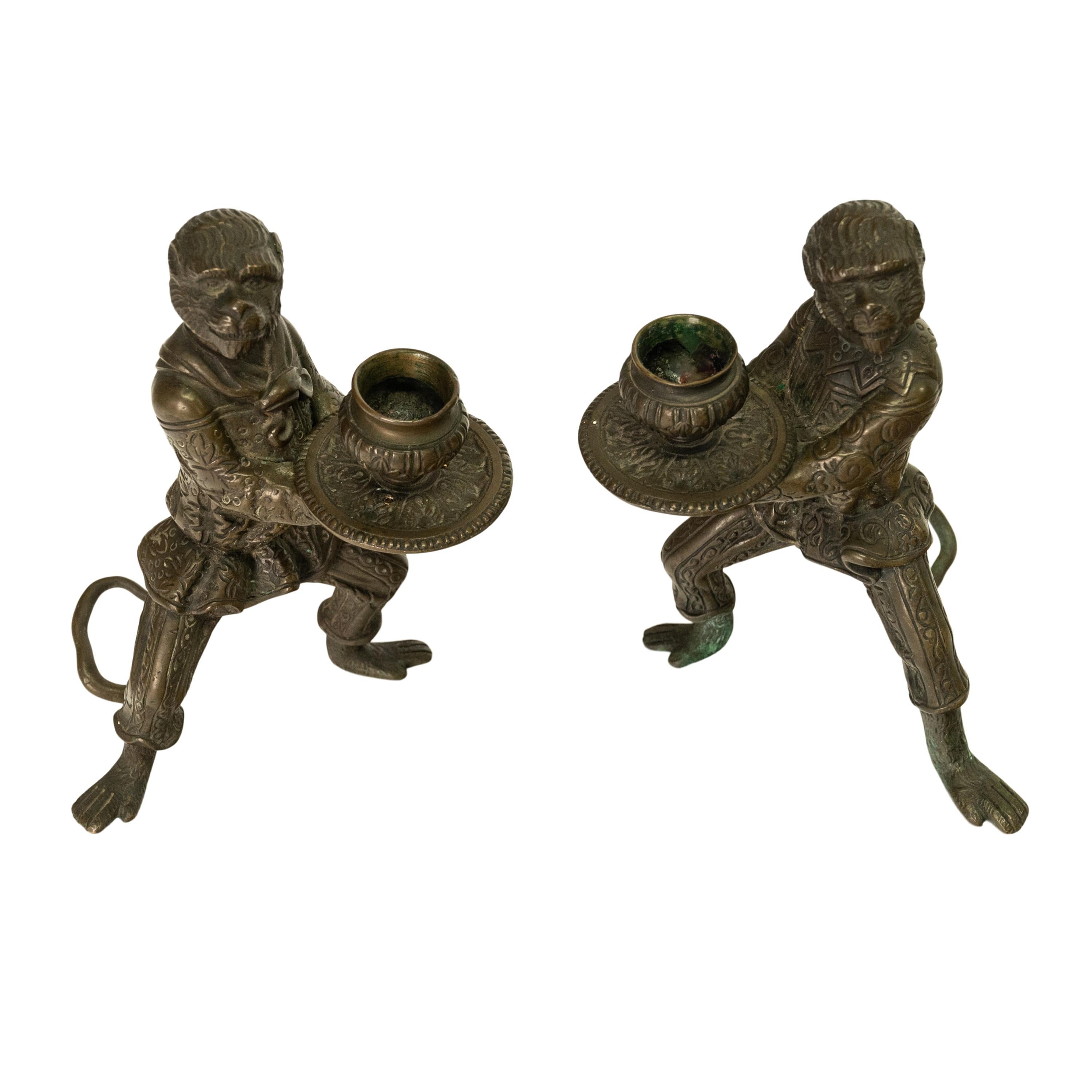 Pair Antique French Bronze Figural Monkey Statue Candleholders Candlesticks 1900 1