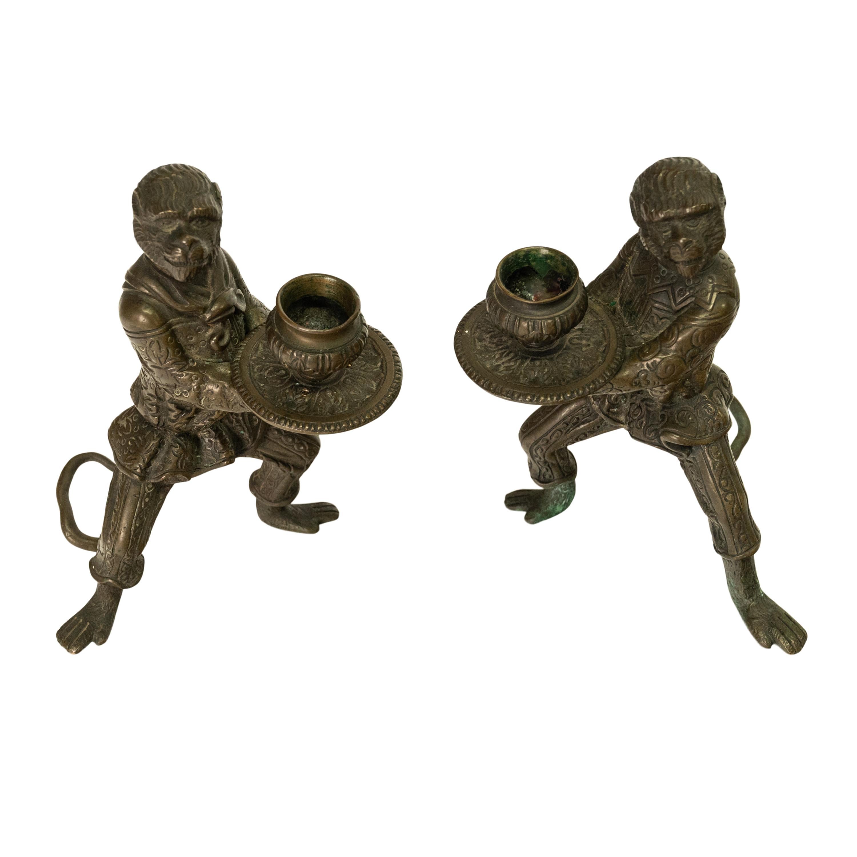 Pair Antique French Bronze Figural Monkey Statue Candleholders Candlesticks 1900 For Sale 1