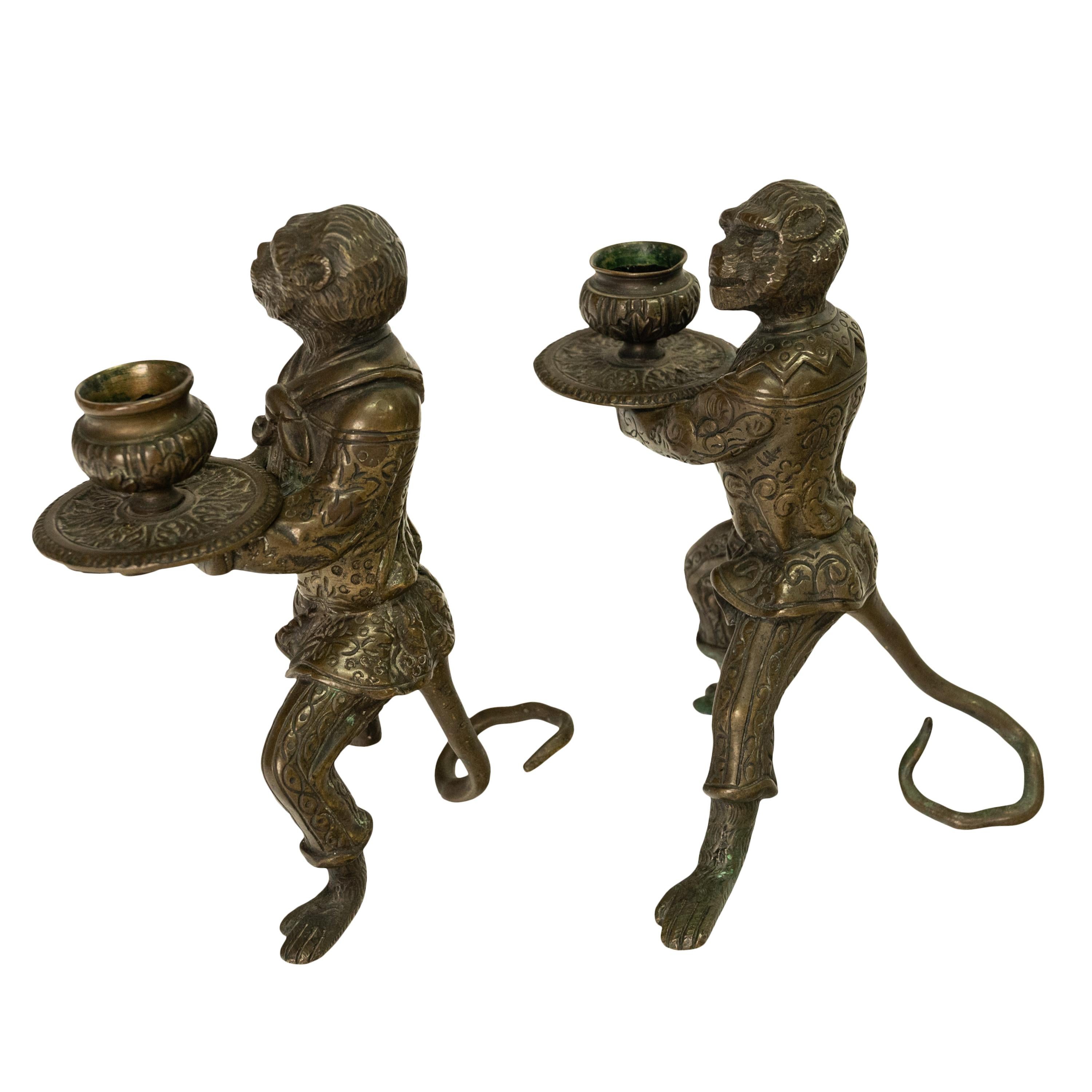 Pair Antique French Bronze Figural Monkey Statue Candleholders Candlesticks 1900 For Sale 2