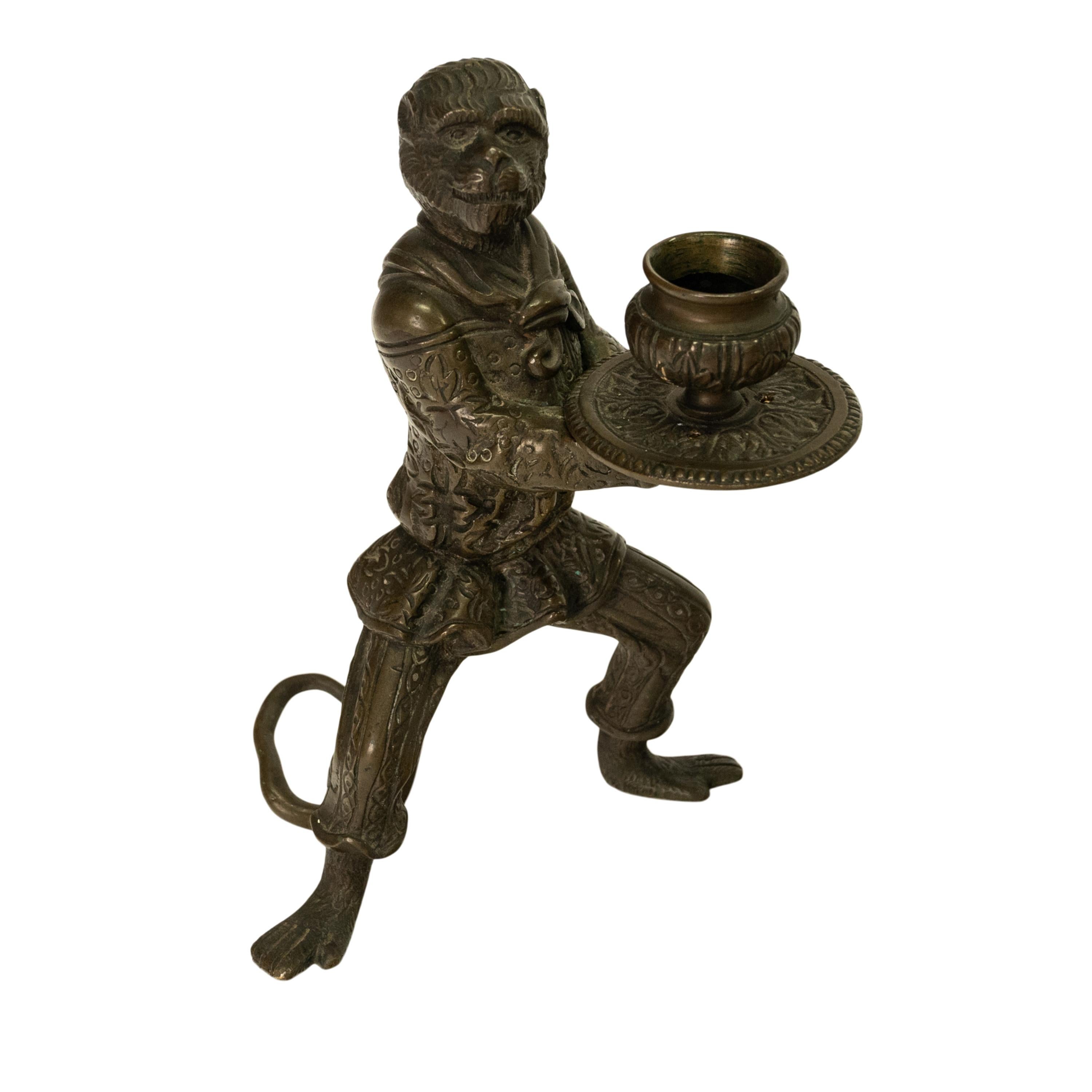 Pair Antique French Bronze Figural Monkey Statue Candleholders Candlesticks 1900 For Sale 3