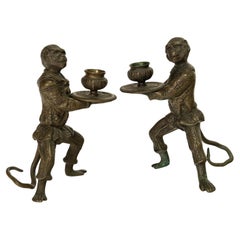 Pair Antique French Bronze Figural Monkey Statue Candleholders Candlesticks 1900