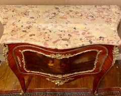 Pair Antique French Bronze Mounted Marble-Top "Vernis Martin" Kingwood Commodes