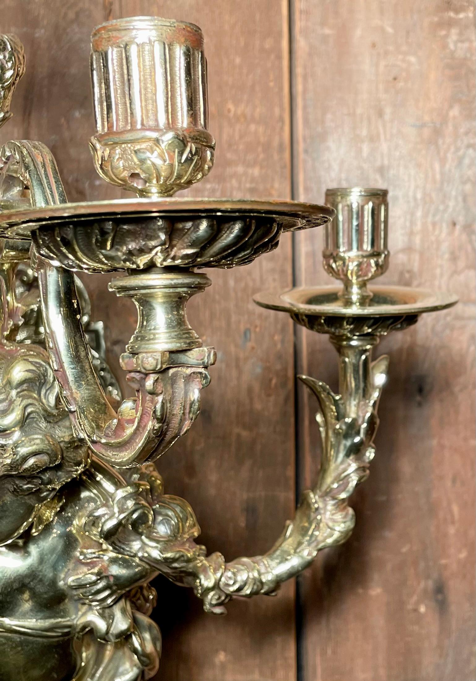 19th Century Pair Antique French Bronze Wall Sconces, circa 1890 For Sale