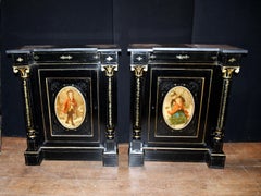 Pair Antique French Cabinets, Ebonized Painted Plaques Credenza Sideboard