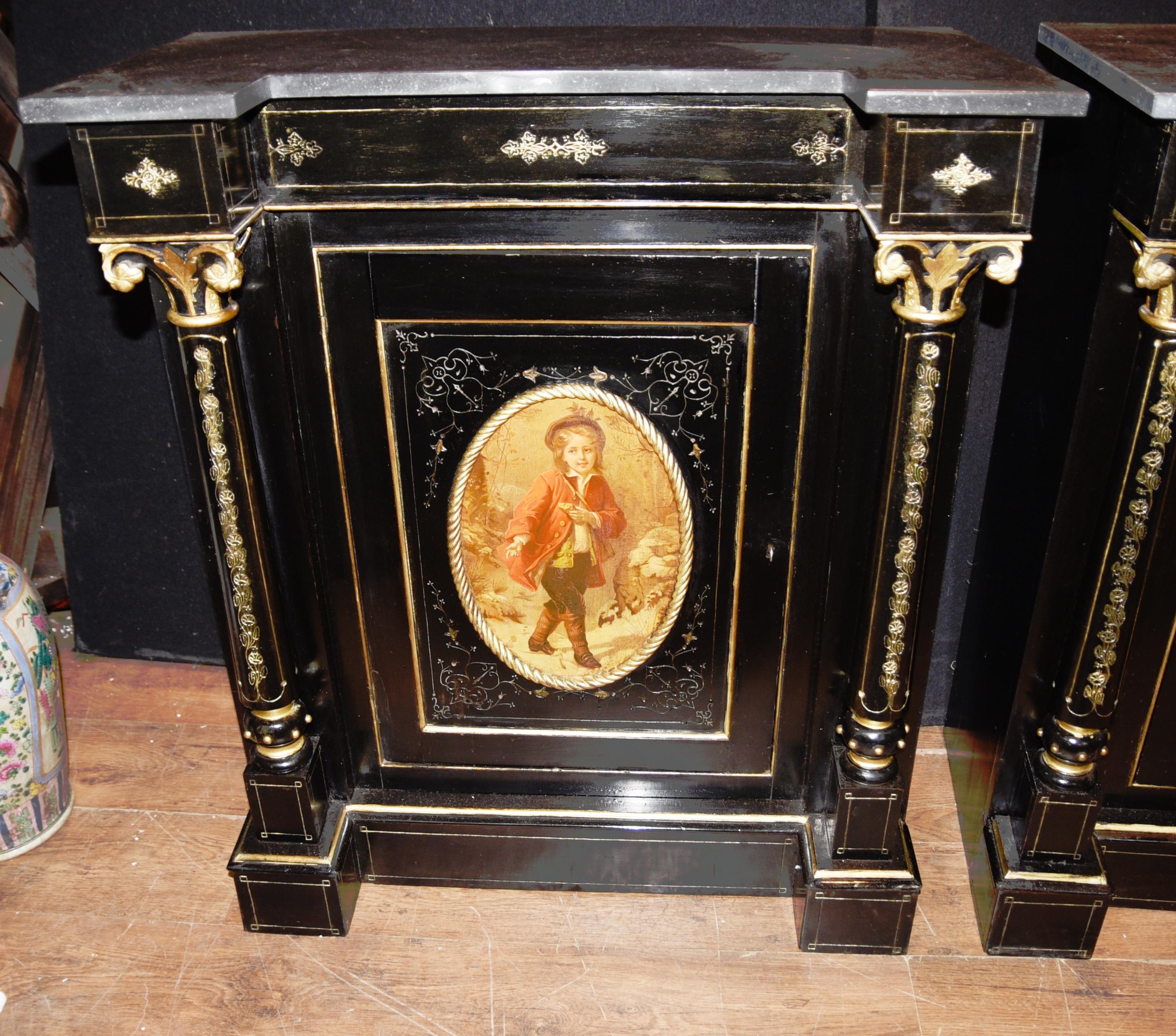 Pair Antique French Cabinets, Ebonized Painted Plaques Credenza Sideboard In Good Condition In Potters Bar, GB