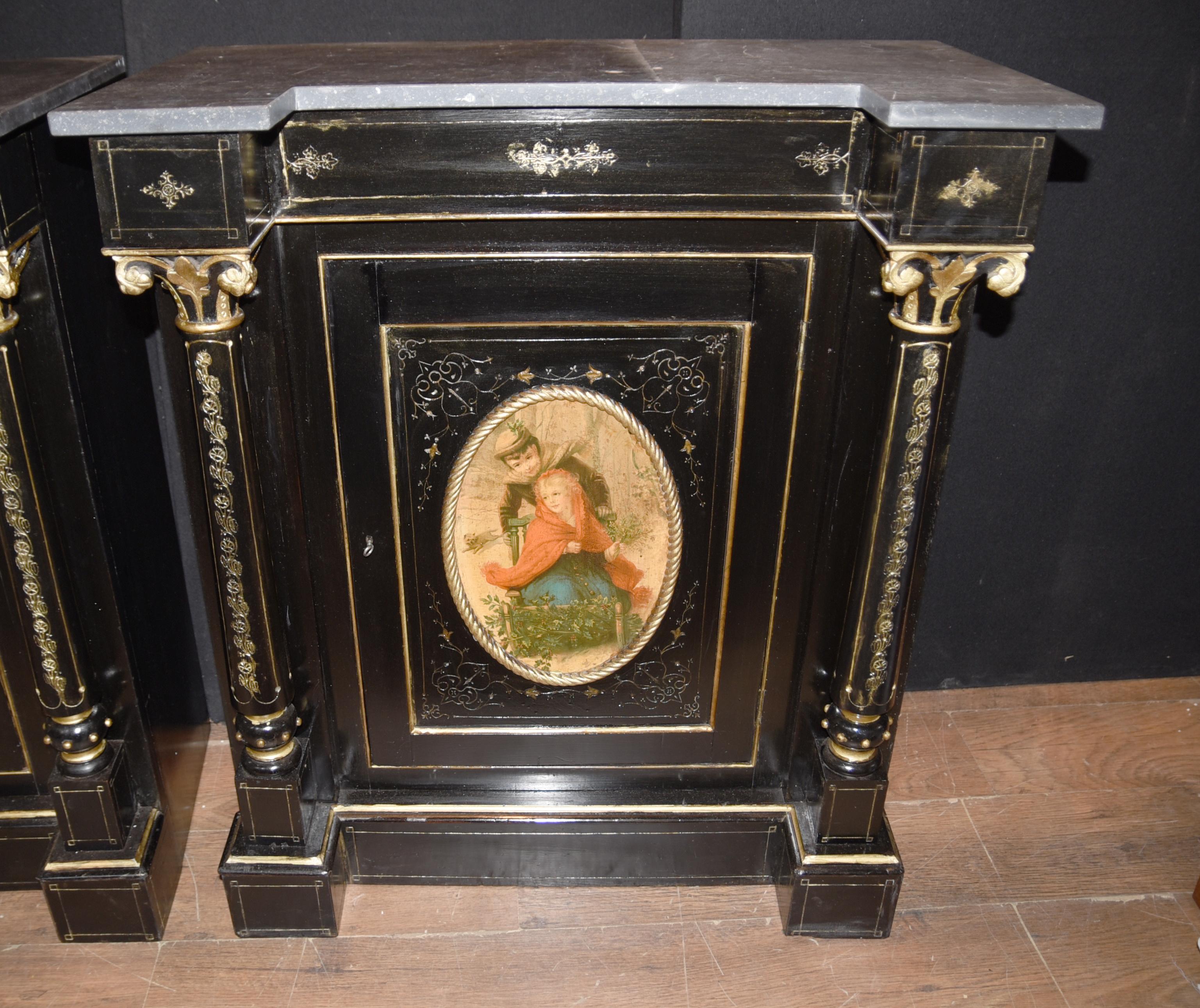 Late 19th Century Pair Antique French Cabinets, Ebonized Painted Plaques Credenza Sideboard