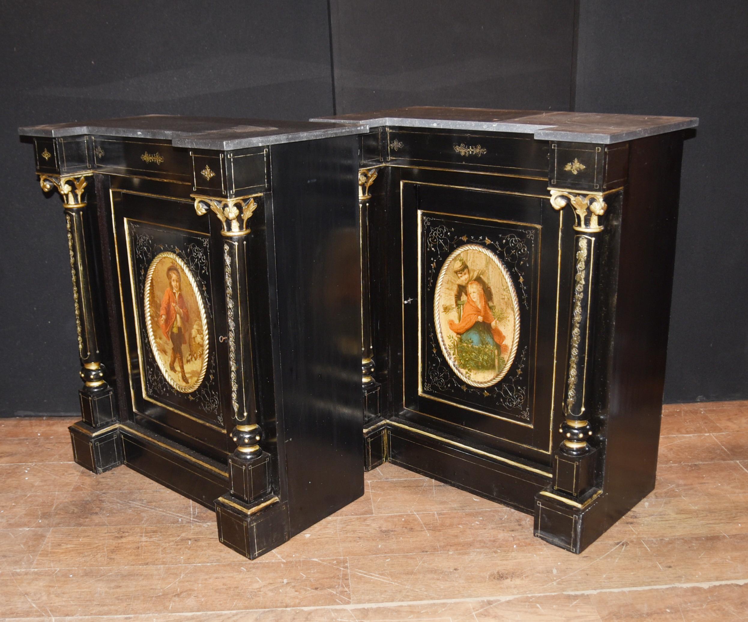 Pair Antique French Cabinets, Ebonized Painted Plaques Credenza Sideboard 3