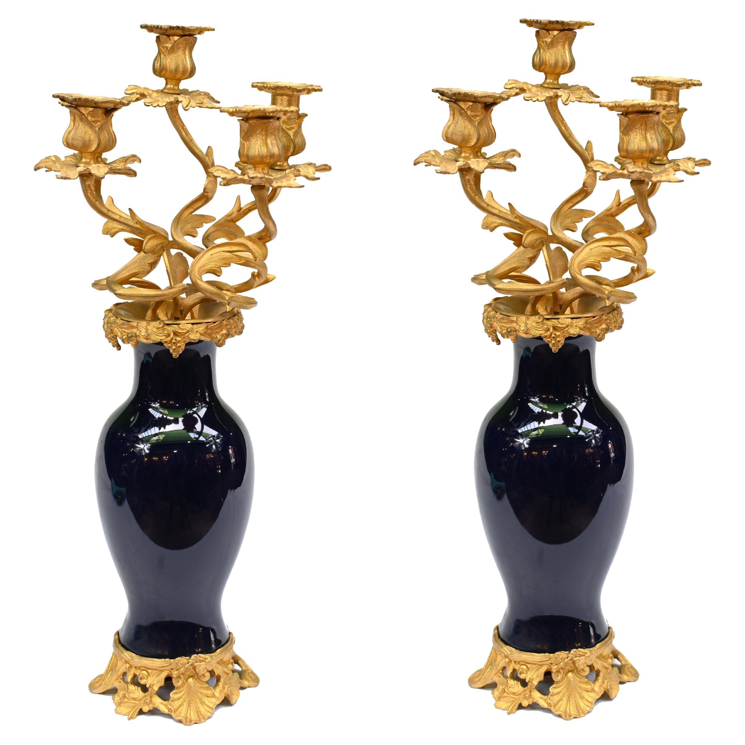 Pair Antique French Candelabras Gilt and Porcelain Vase 1890 For Sale