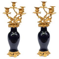 Pair Antique French Candelabras Gilt and Porcelain Vase 1890