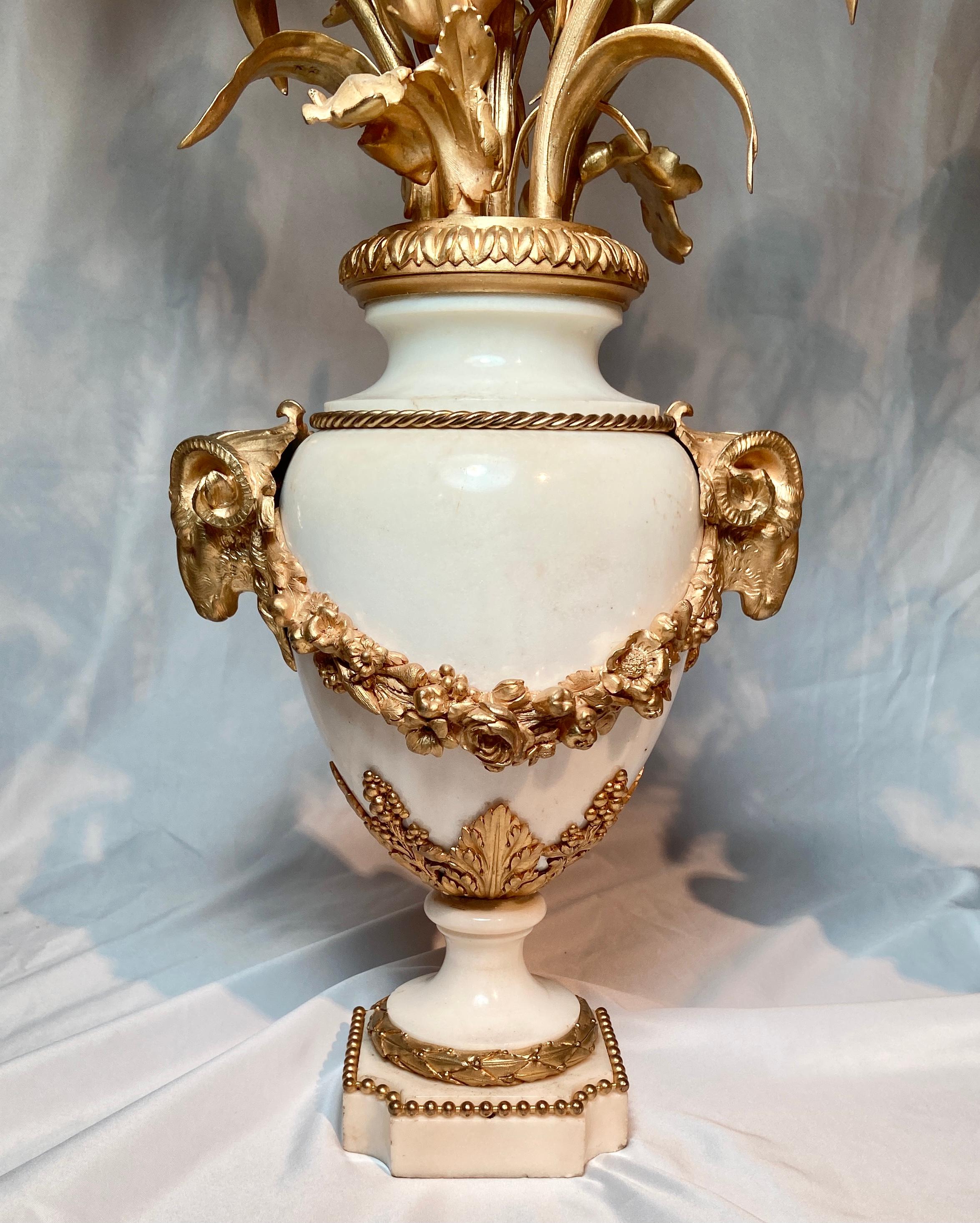 Pair Antique French Carrara Marble and Bronze D'ore Candelabra, Circa 1880 In Good Condition For Sale In New Orleans, LA