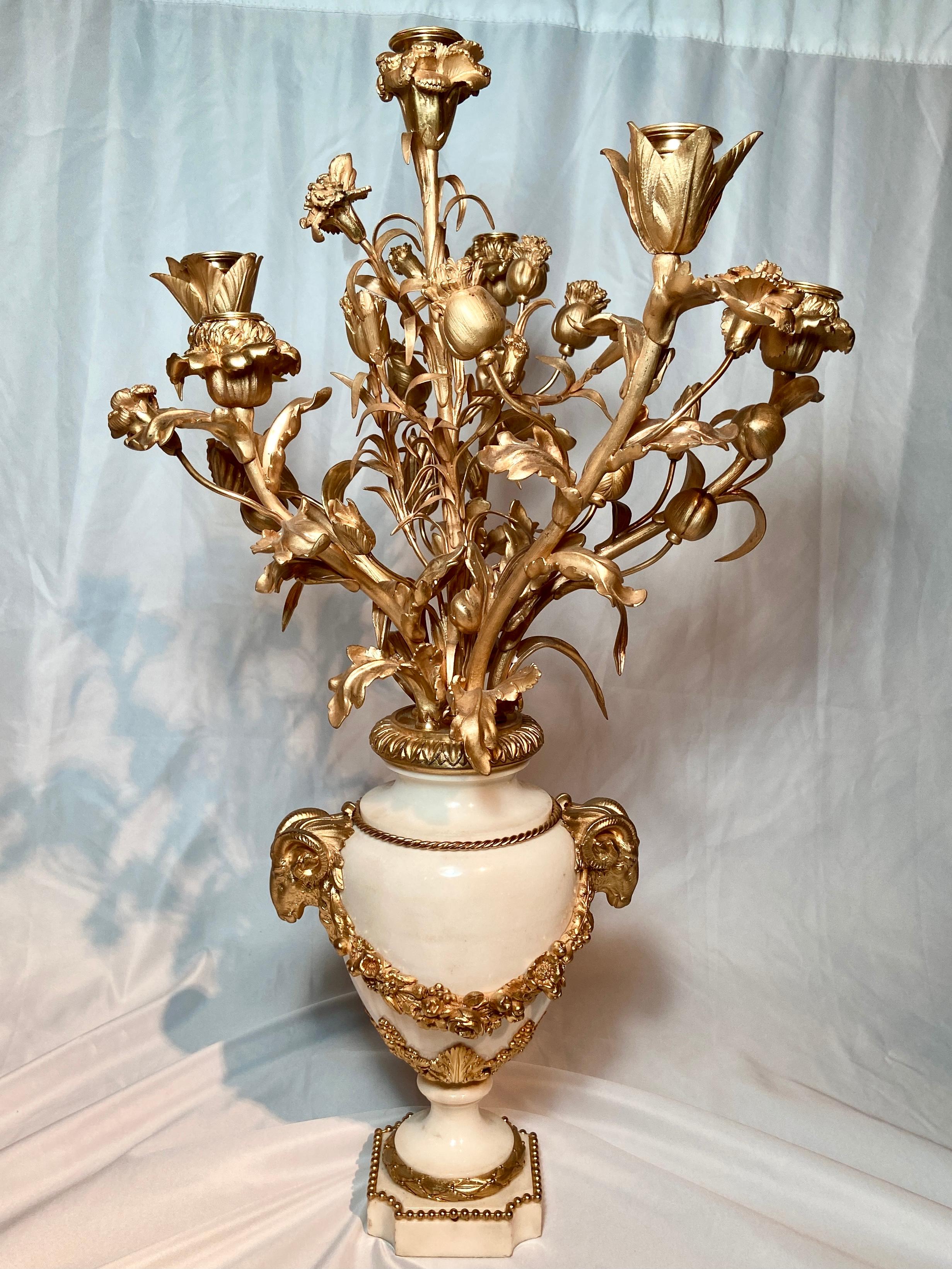 19th Century Pair Antique French Carrara Marble and Bronze D'ore Candelabra, Circa 1880 For Sale