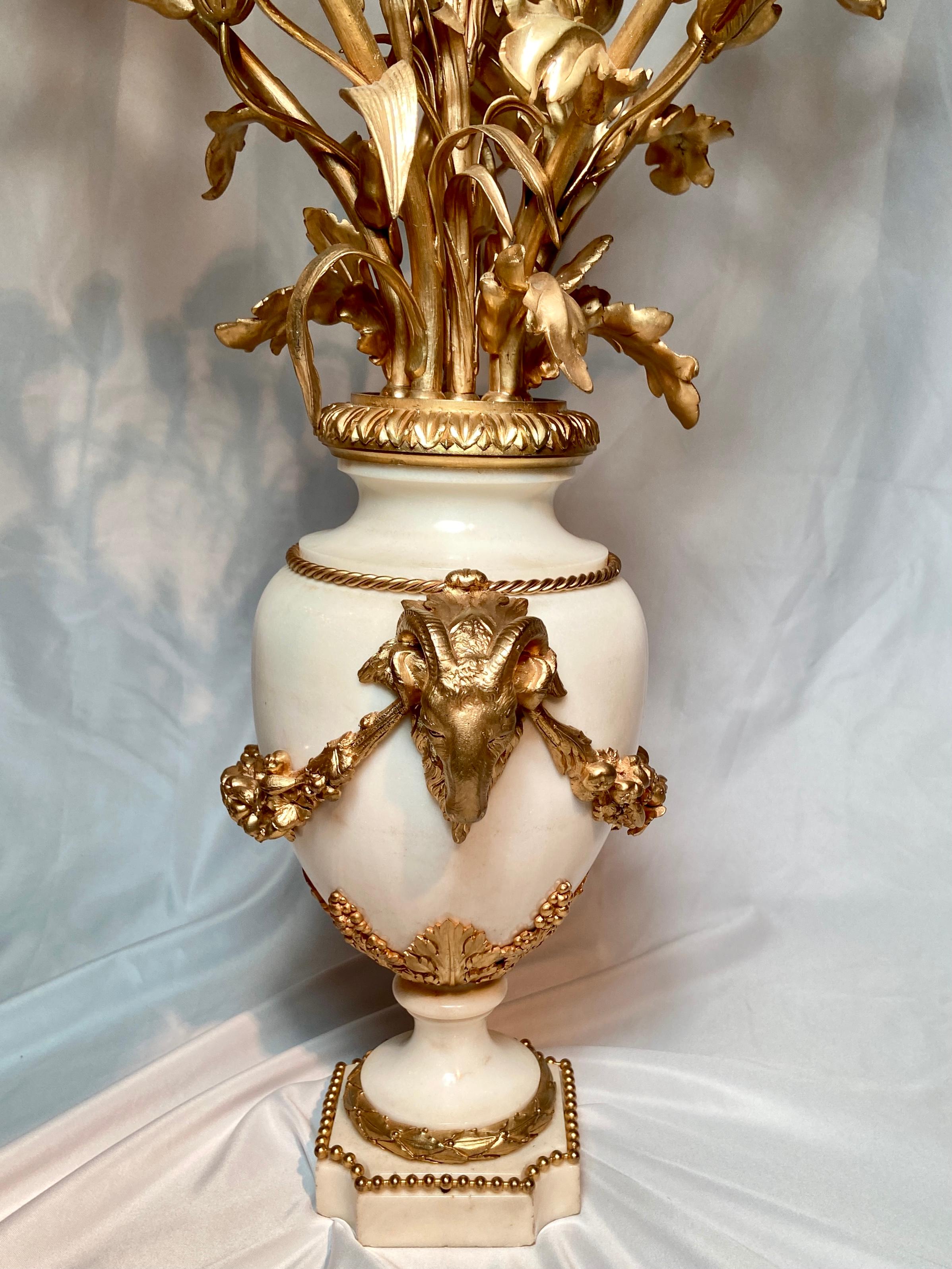 Pair Antique French Carrara Marble and Bronze D'ore Candelabra, Circa 1880 For Sale 1