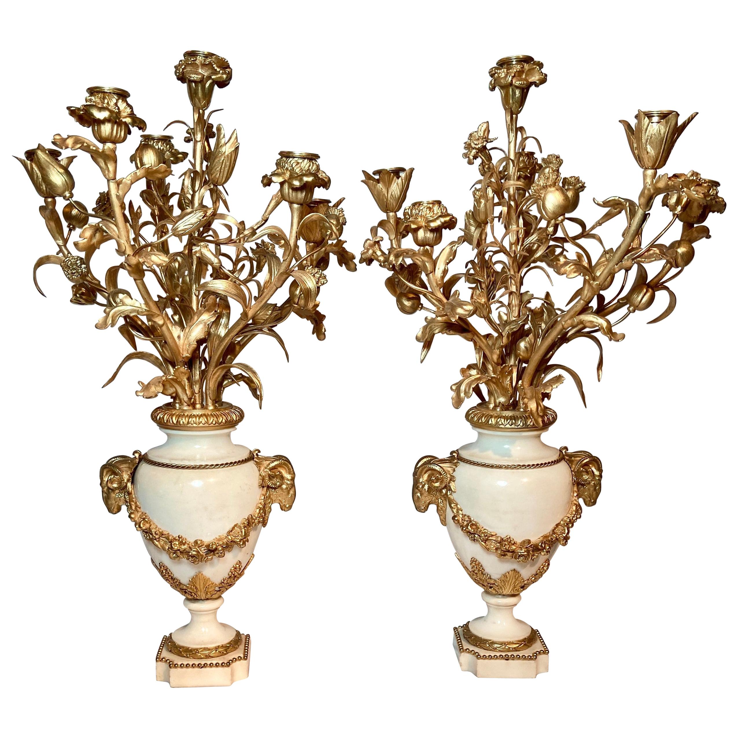 Pair Antique French Carrara Marble and Bronze D'ore Candelabra, Circa 1880