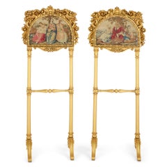 Pair Antique French Carved Gold Giltwood Needlework Embroidery Fire Screens