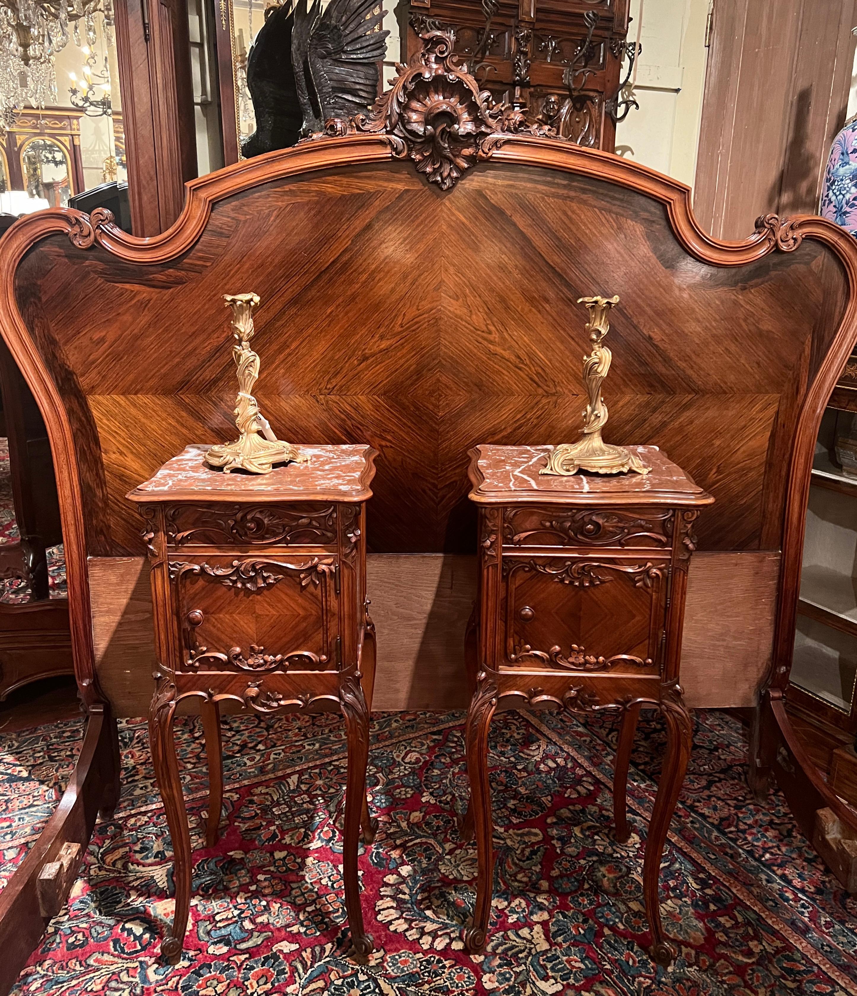 Pair Antique French Carved Walnut and Marble-Top Night Tables, Circa 1880's. 2