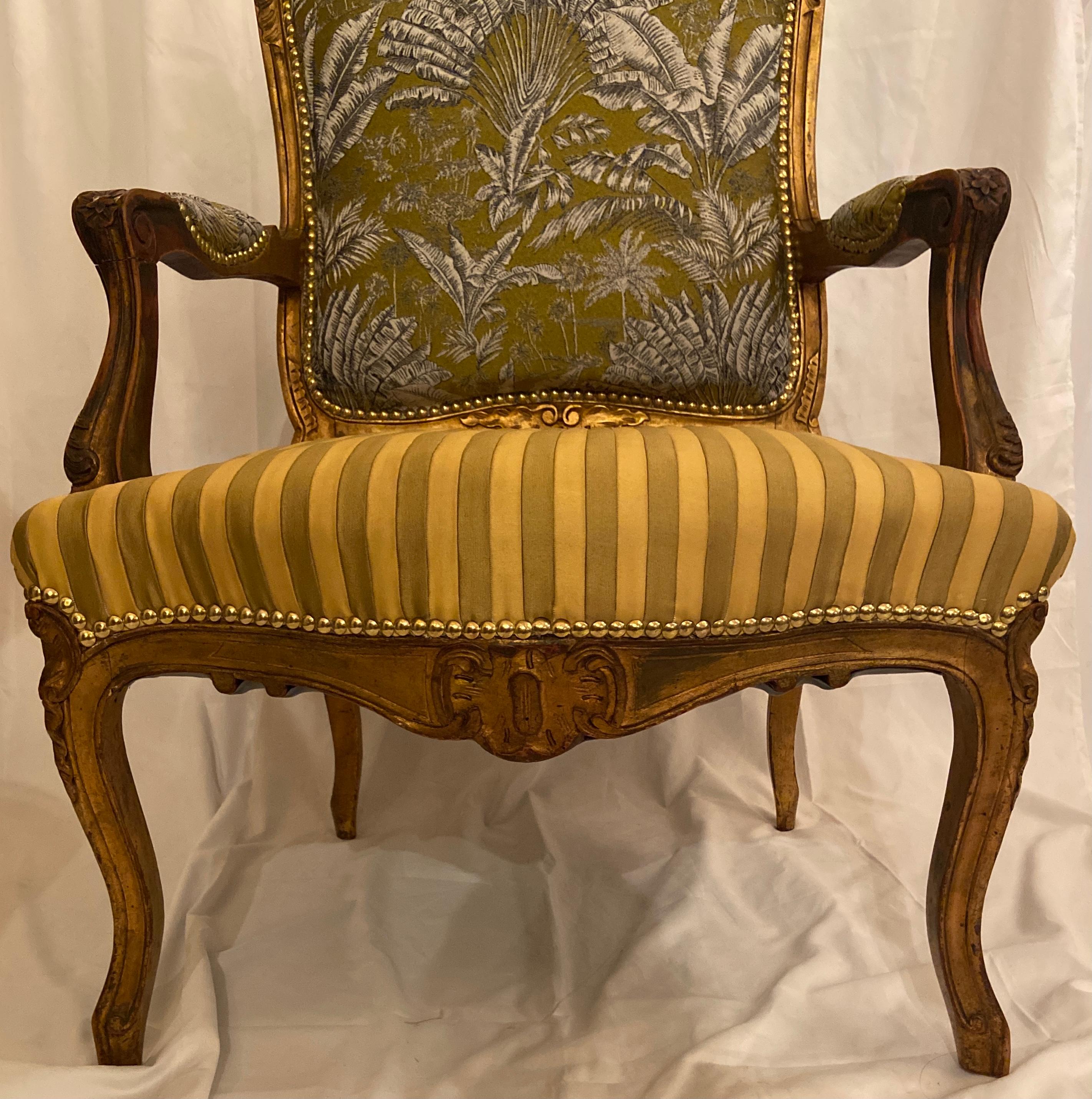 Wood Pair Antique French Carved Walnut Upholstered Armchairs, circa 1860