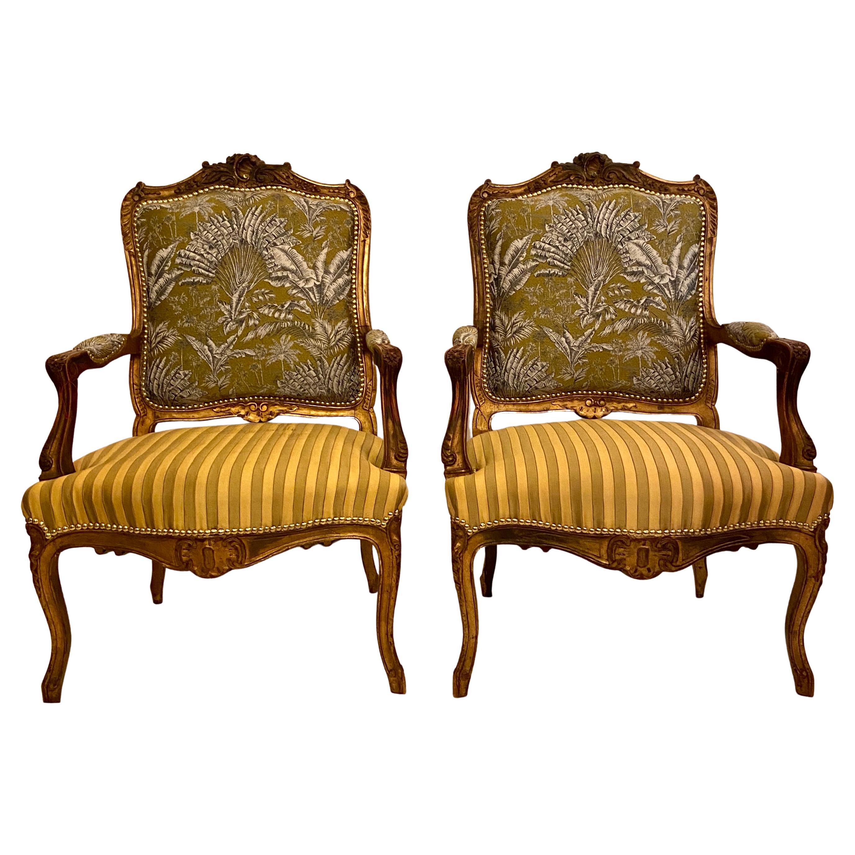 Pair Antique French Carved Walnut Upholstered Armchairs, circa 1860