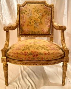 Pair Antique French Carved Wood with Gold Leaf Needlepoint Armchairs, Circa 1880