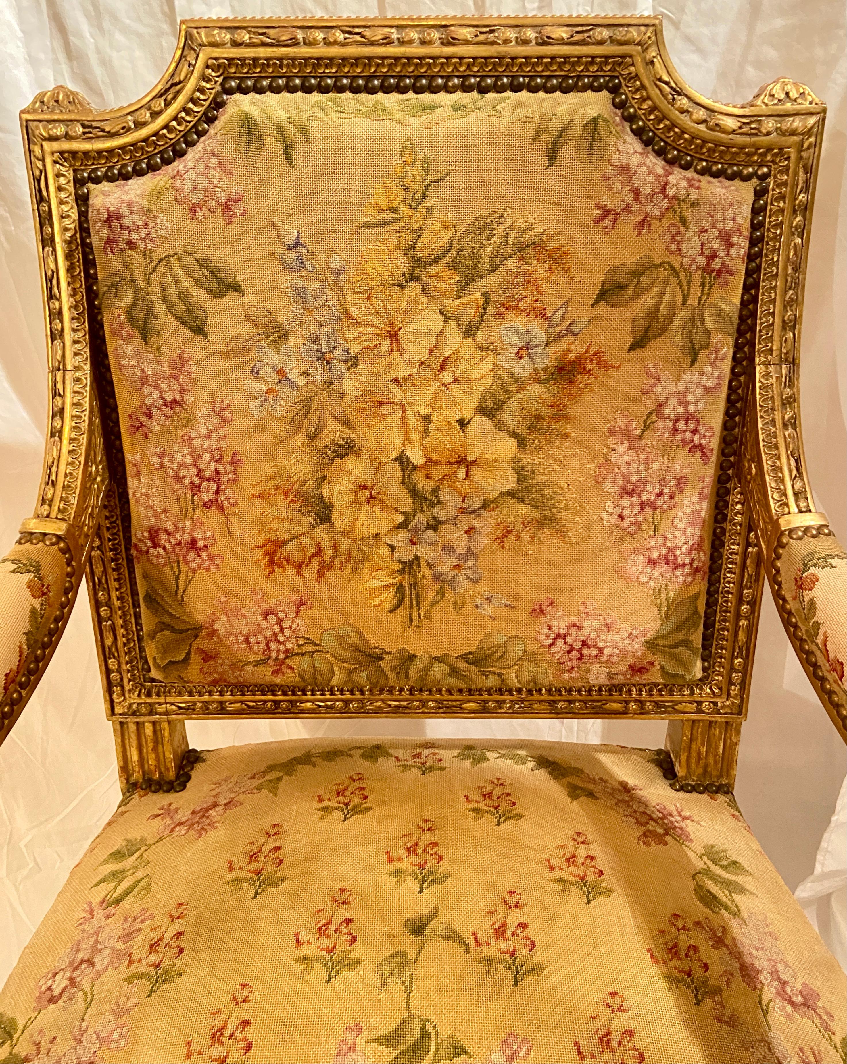 Pair Antique French Carved Wood with Gold Leaf Needlepoint Armchairs, Circa 1880 In Good Condition For Sale In New Orleans, LA