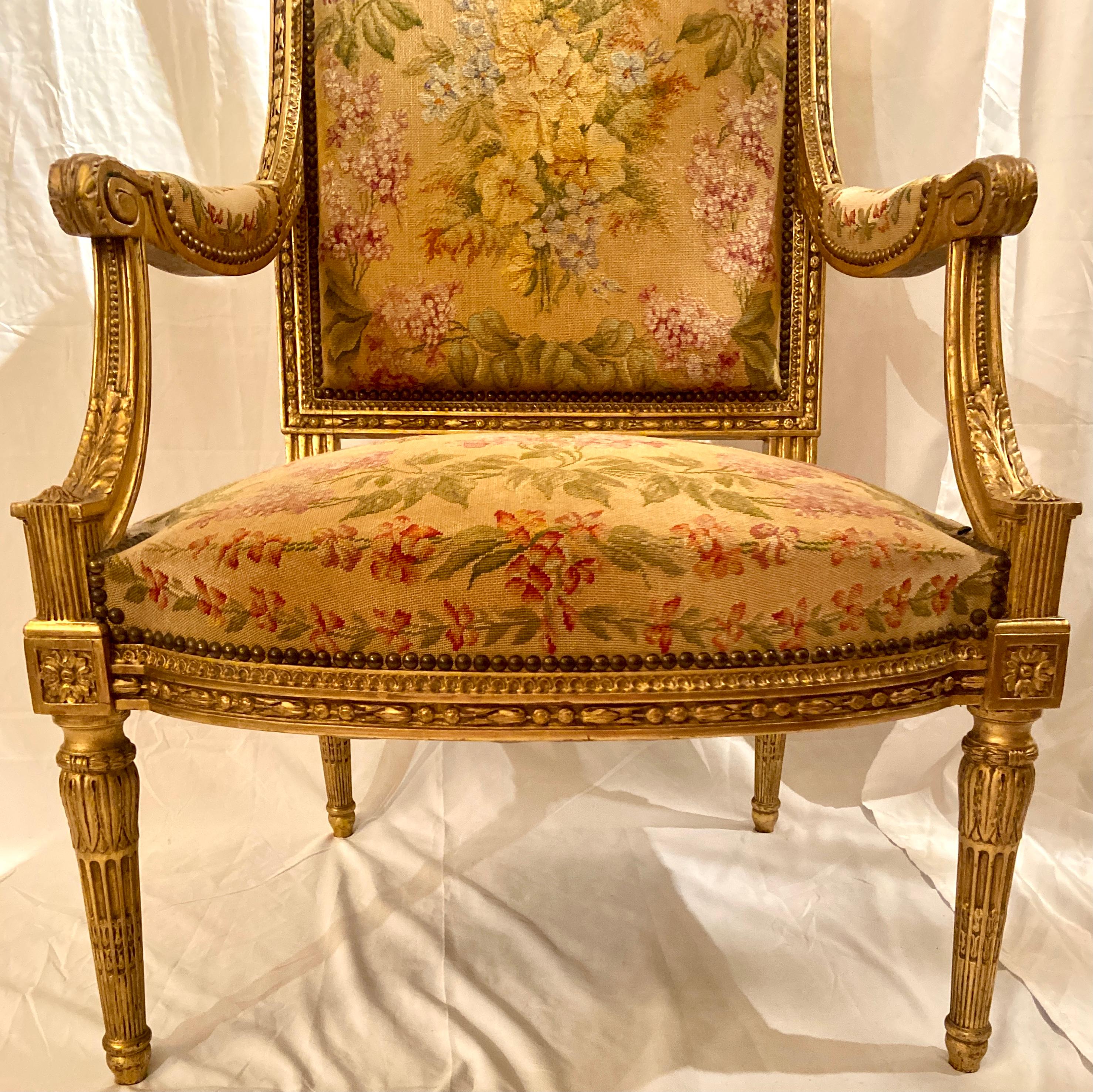 19th Century Pair Antique French Carved Wood with Gold Leaf Needlepoint Armchairs, Circa 1880 For Sale