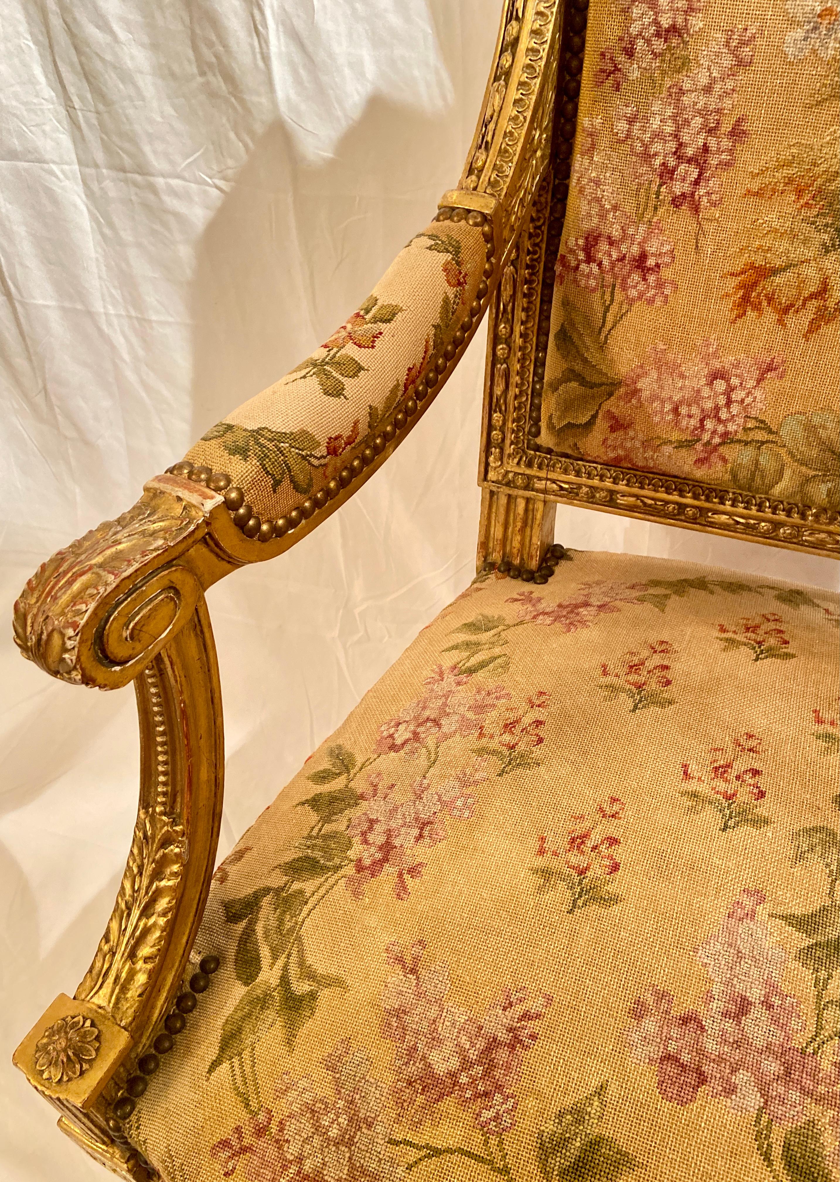 Upholstery Pair Antique French Carved Wood with Gold Leaf Needlepoint Armchairs, Circa 1880 For Sale