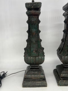 Pair, Antique French Cast Iron Architectural Fragment Paint Decorated Lamps