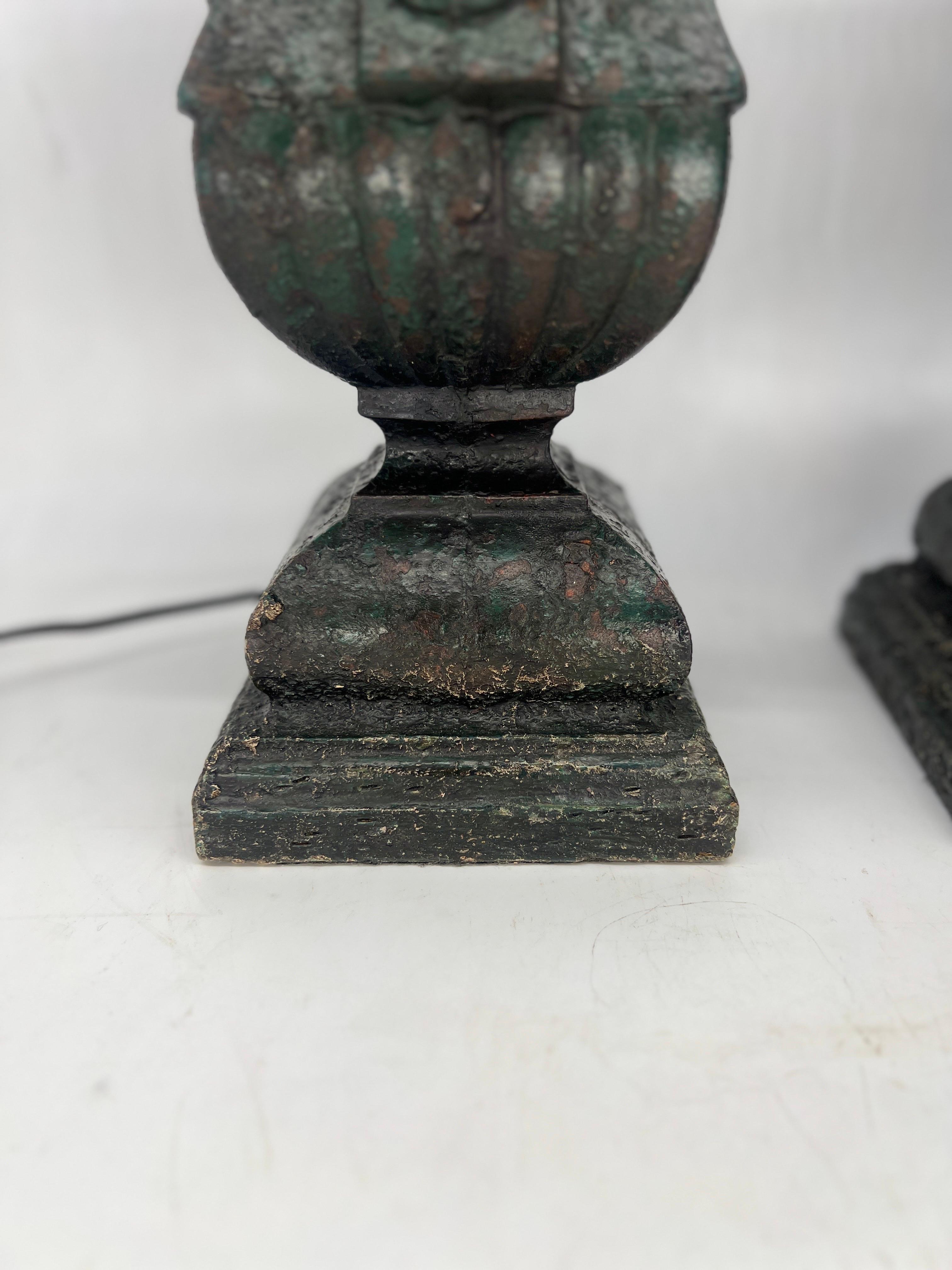 Pair, Antique French Cast Iron Architectural Fragment Paint Decorated Lamps  In Good Condition For Sale In Atlanta, GA