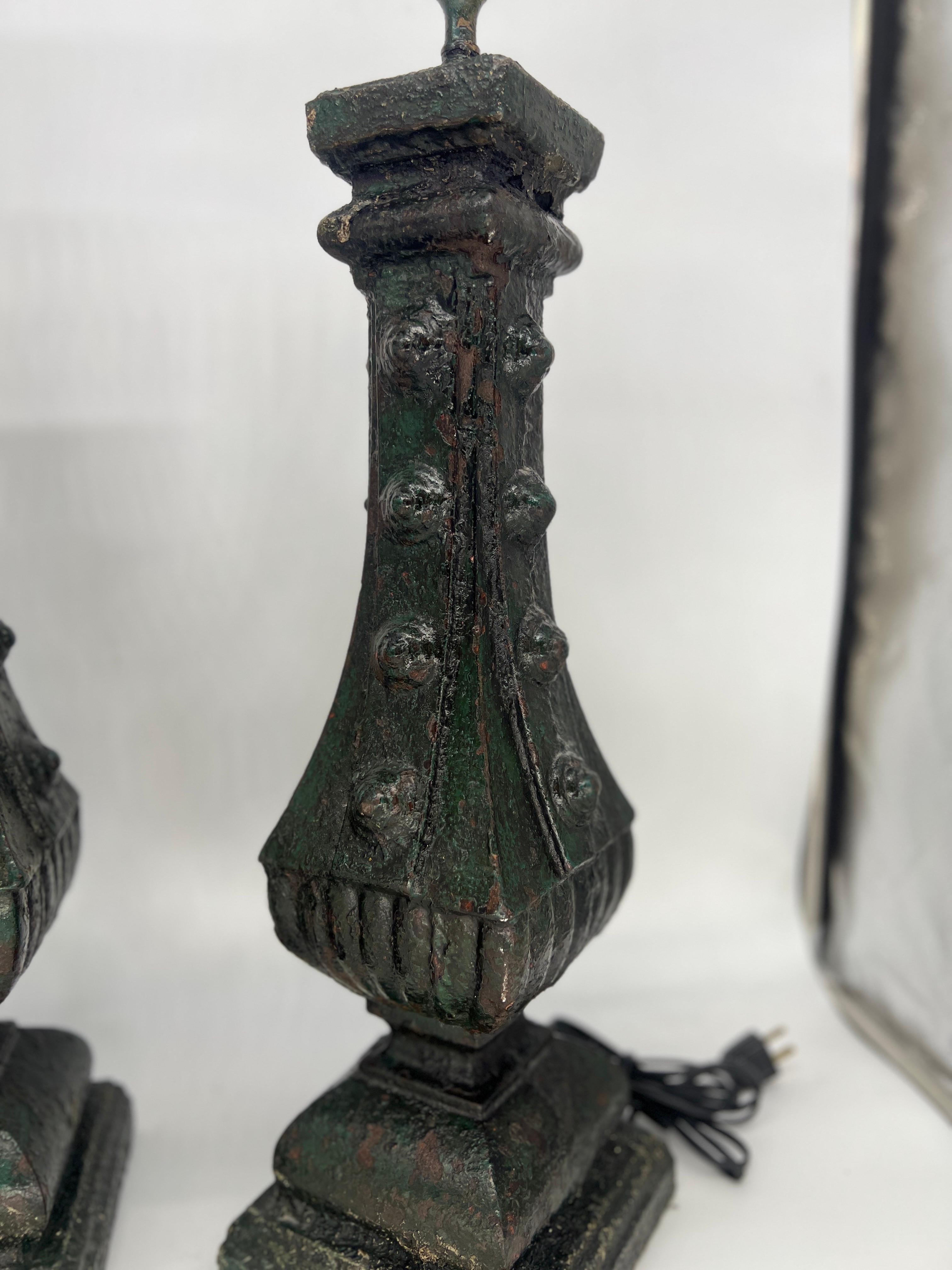 Pair, Antique French Cast Iron Architectural Fragment Paint Decorated Lamps  For Sale 1