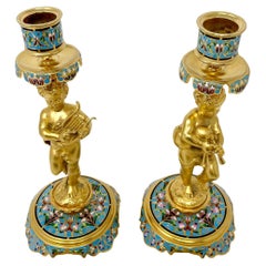 Pair Antique French Champlevé Enamel & Gold Bronze Musical Figure Candlesticks