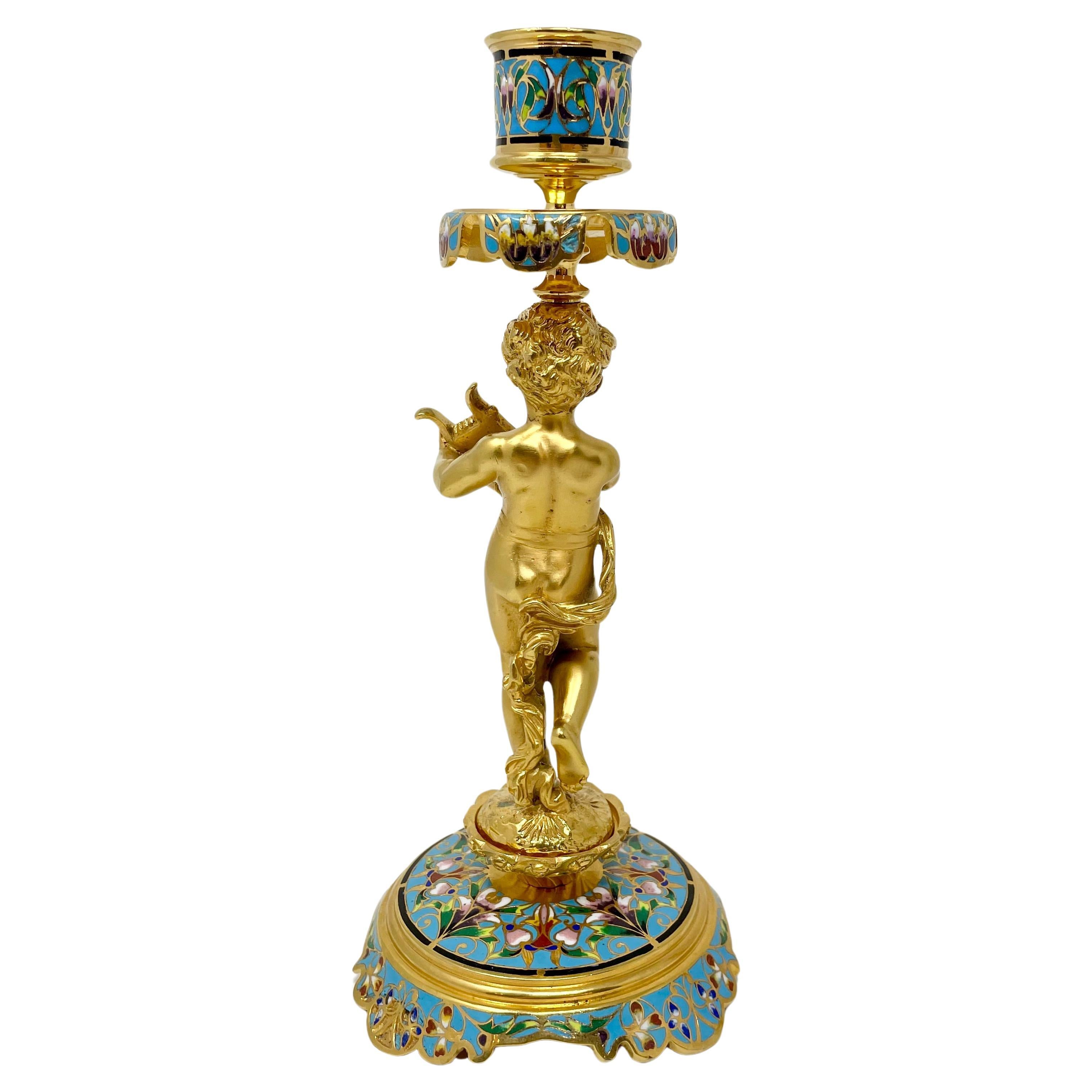 XIXe siècle Paire de chandeliers anciens en émail champlevé et bronze doré à figures musicales en vente