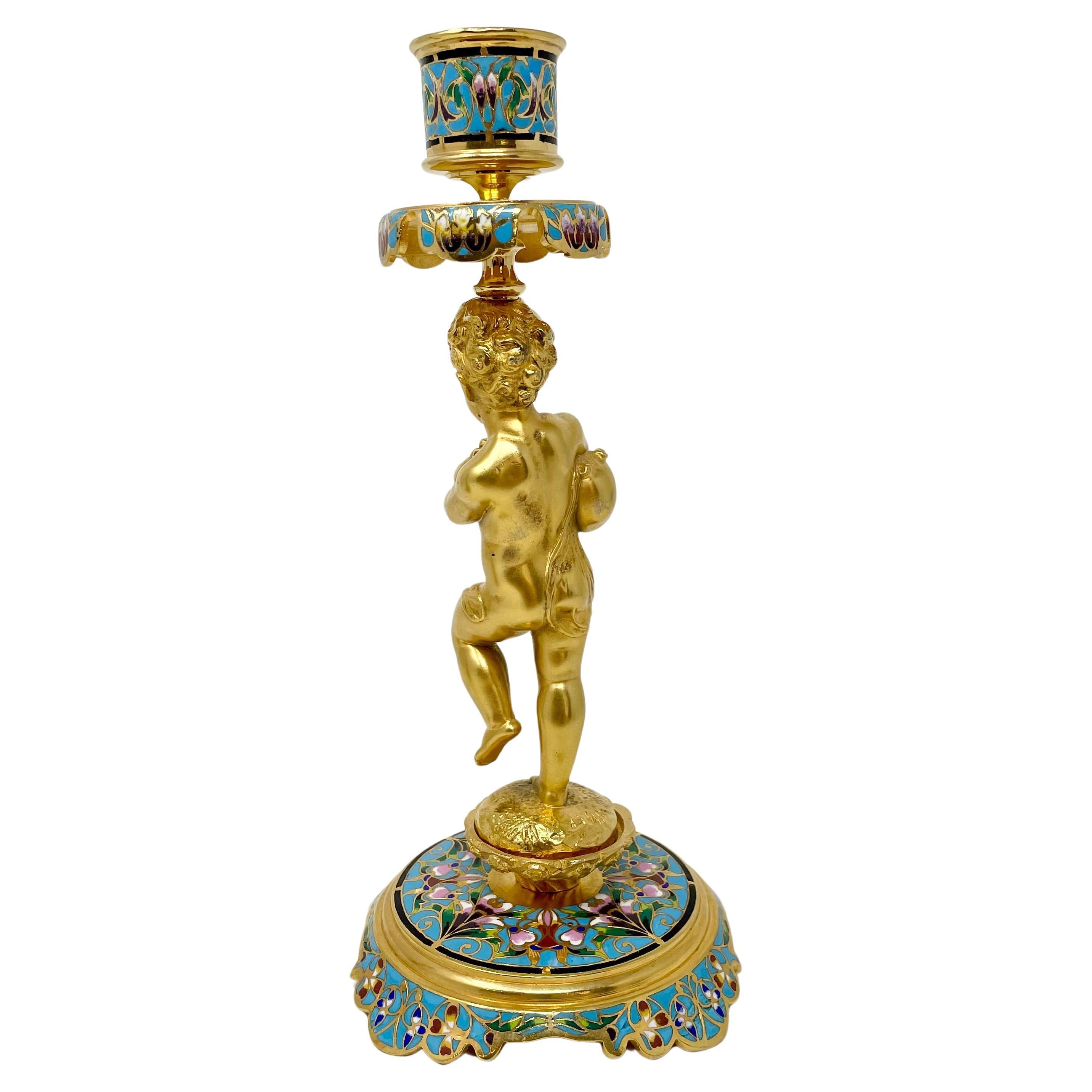 Paire de chandeliers anciens en émail champlevé et bronze doré à figures musicales en vente 3