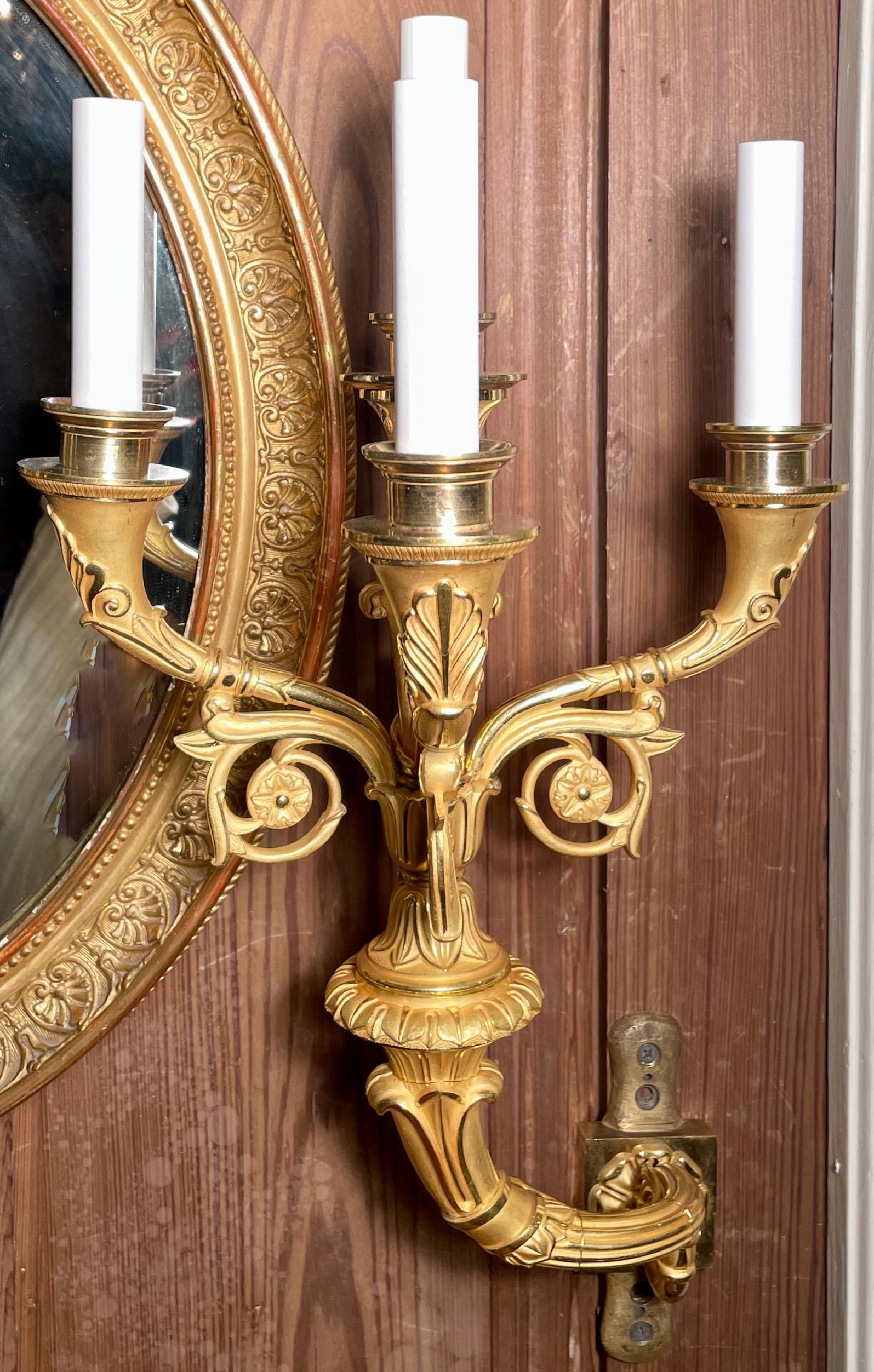 Pair Antique French Charles X Bronze D' Ore 4 Light Sconces, Circa 1890. In Good Condition For Sale In New Orleans, LA