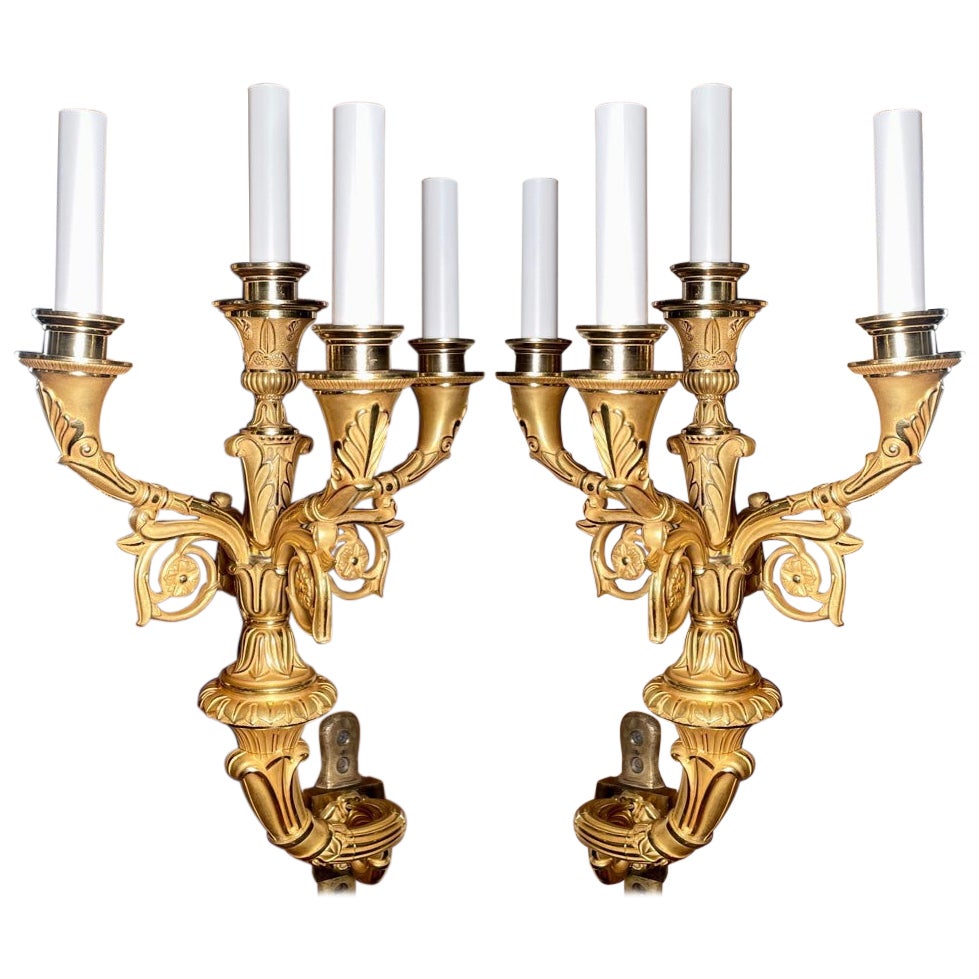 Par Antique French Charles X Bronze D' Ore 4 Light Sconces, Circa 1890.