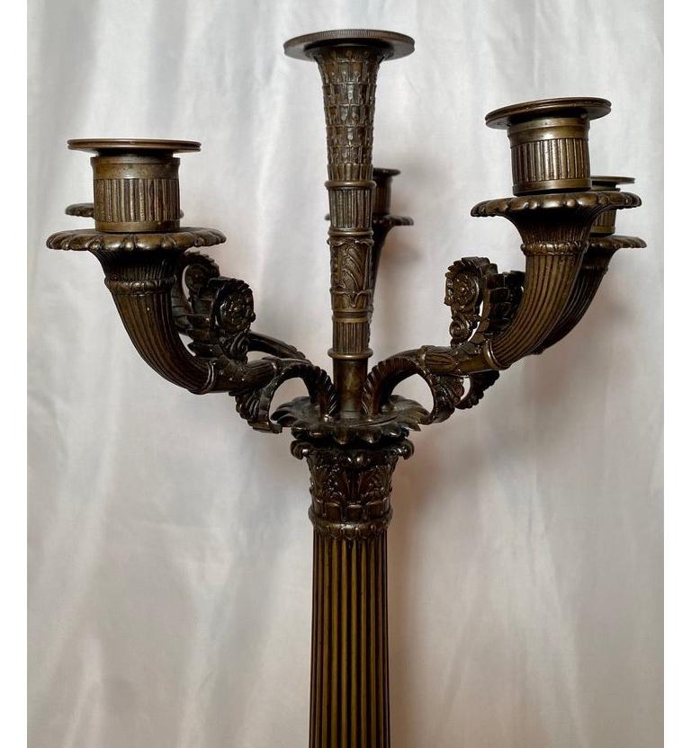 Early 19th Century Pair Antique French Charles X Bronze & Sienna Marble Candelabra, Circa 1810-1820 For Sale