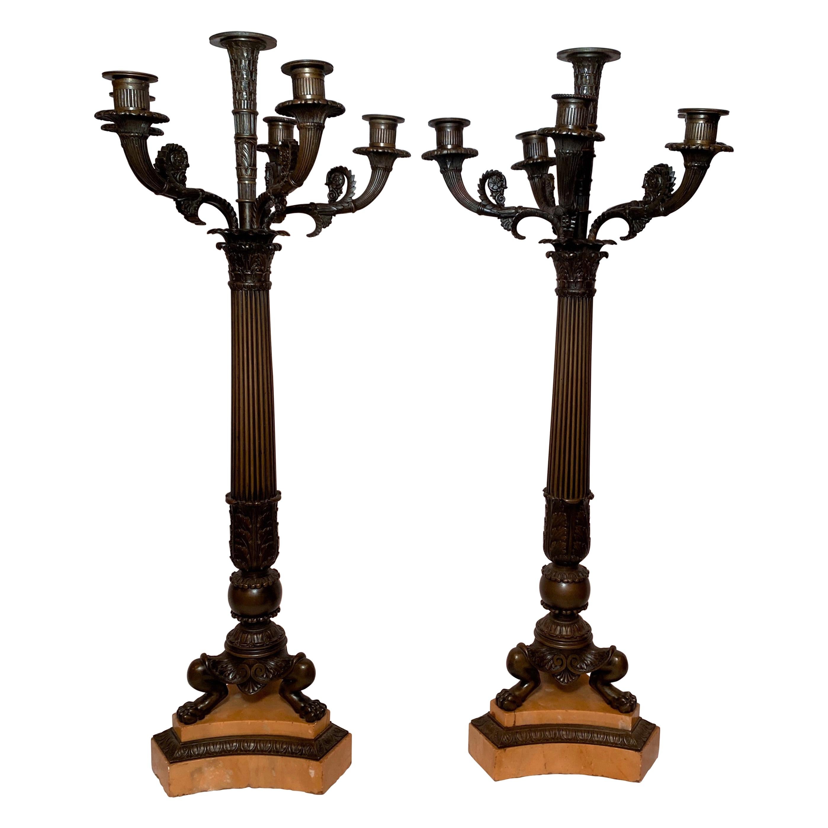 Pair Antique French Charles X Bronze & Sienna Marble Candelabra, Circa 1810-1820 For Sale