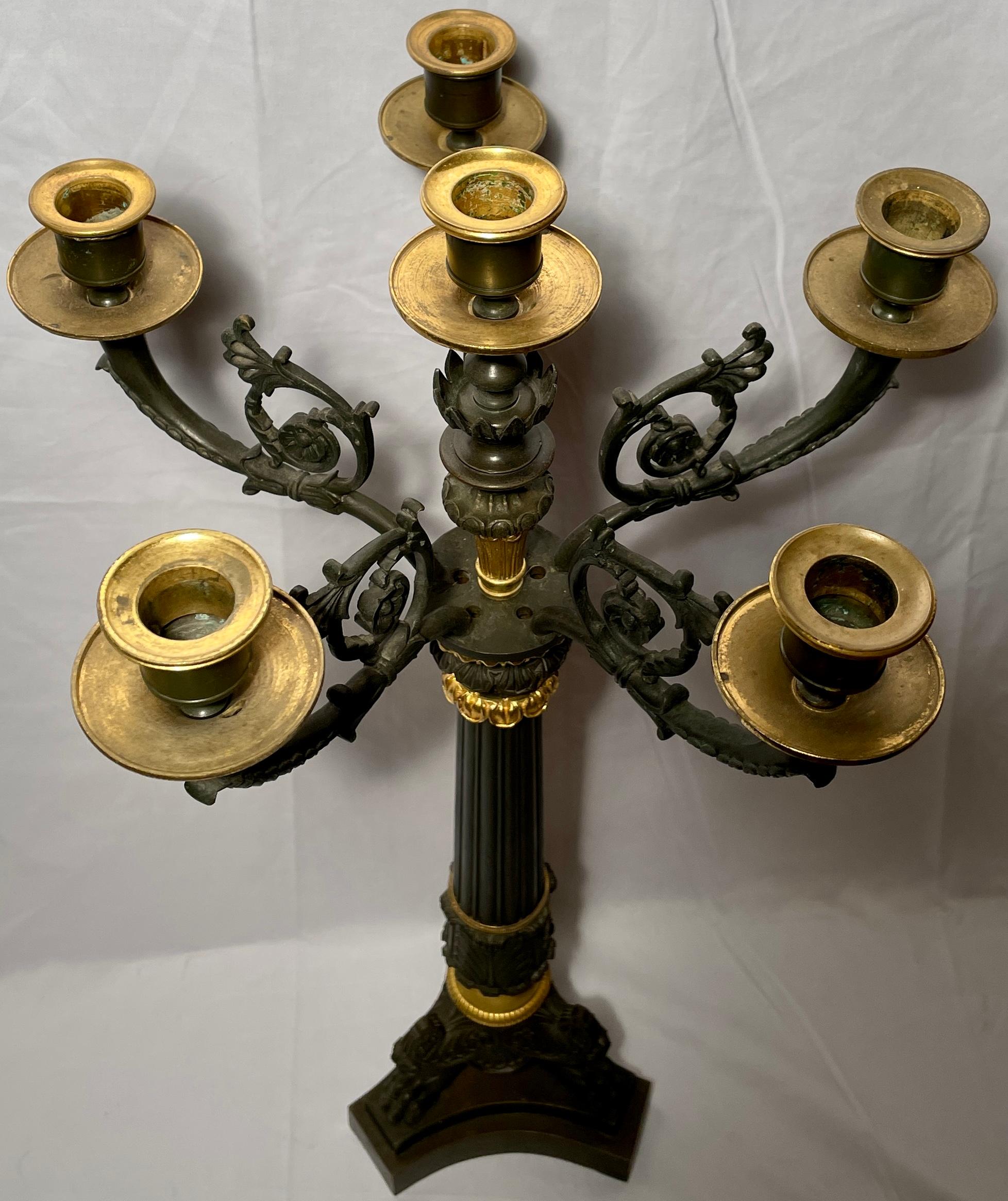 Pair Antique French Charles X Gold Bronze & Patinated Bronze Candelabra, Ca 1880 In Good Condition For Sale In New Orleans, LA